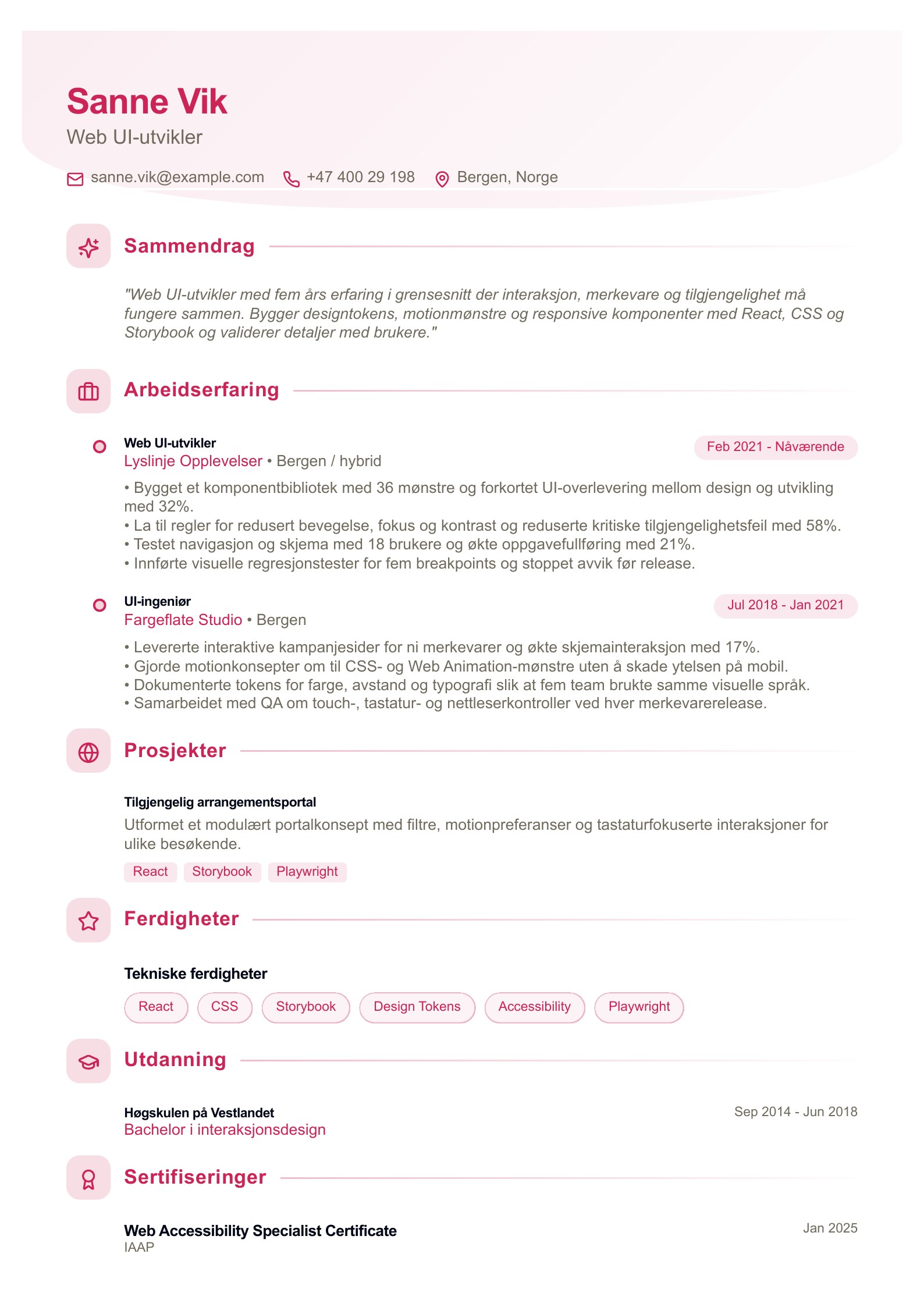 CV for Web UI-utvikler - norsk CV-eksempel