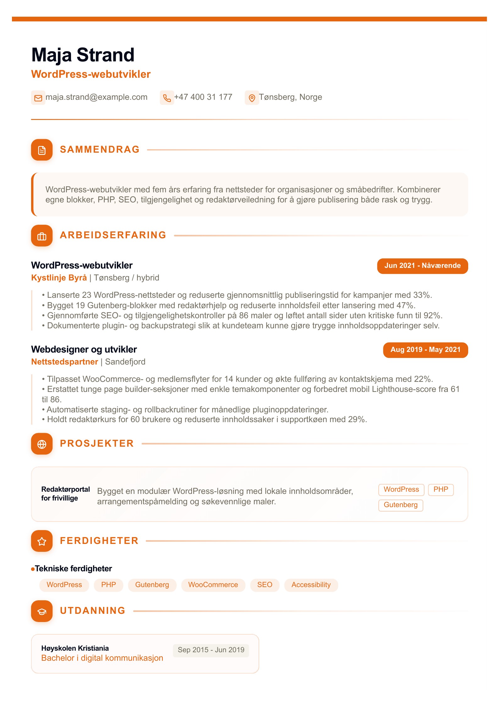 CV for WordPress-webutvikler - norsk CV-eksempel