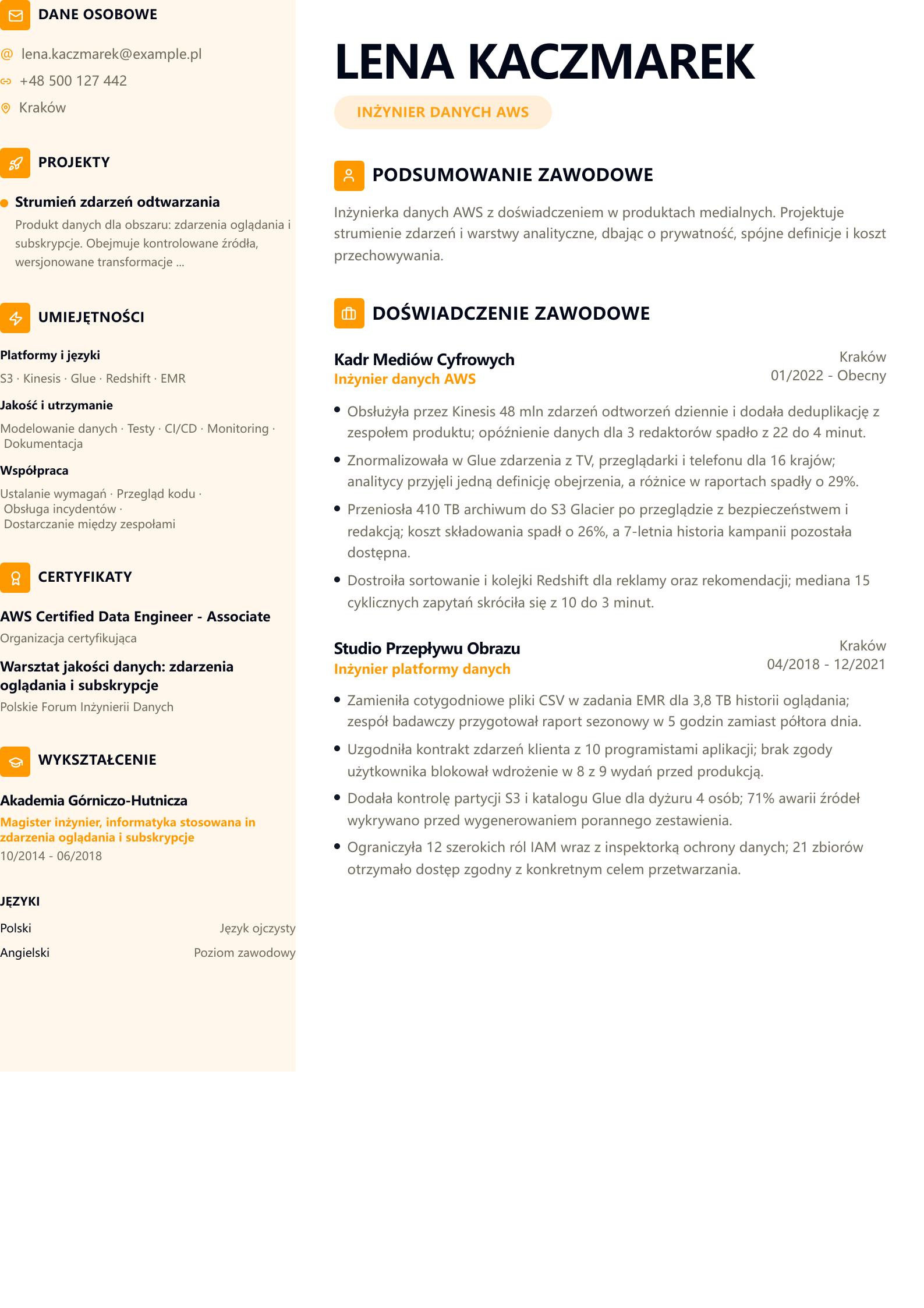 CV AWS Data Engineer Podgląd CV