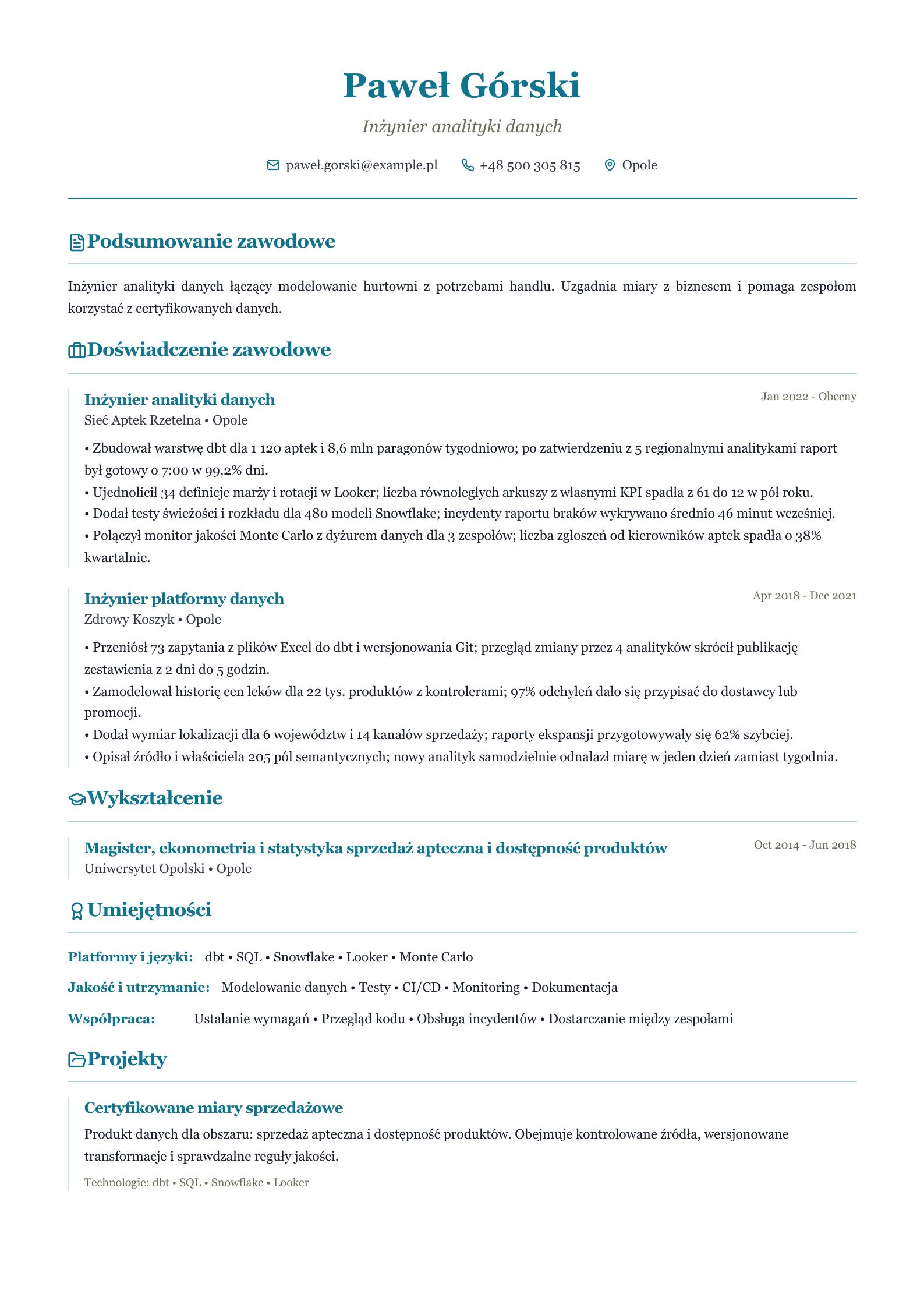 CV inżyniera analityki danych Podgląd CV