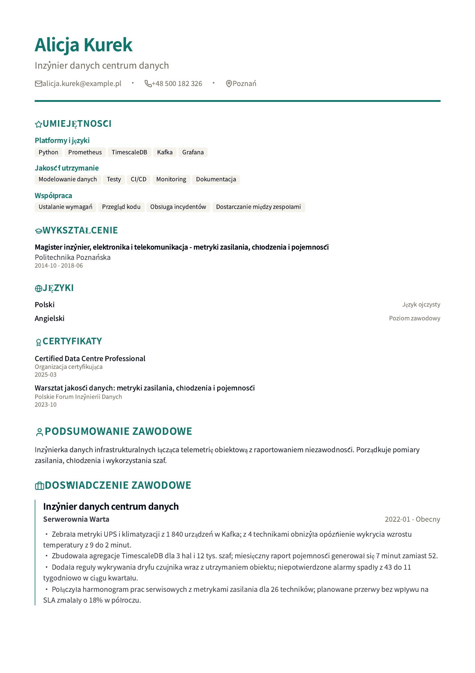 CV inżyniera centrum danych Podgląd CV