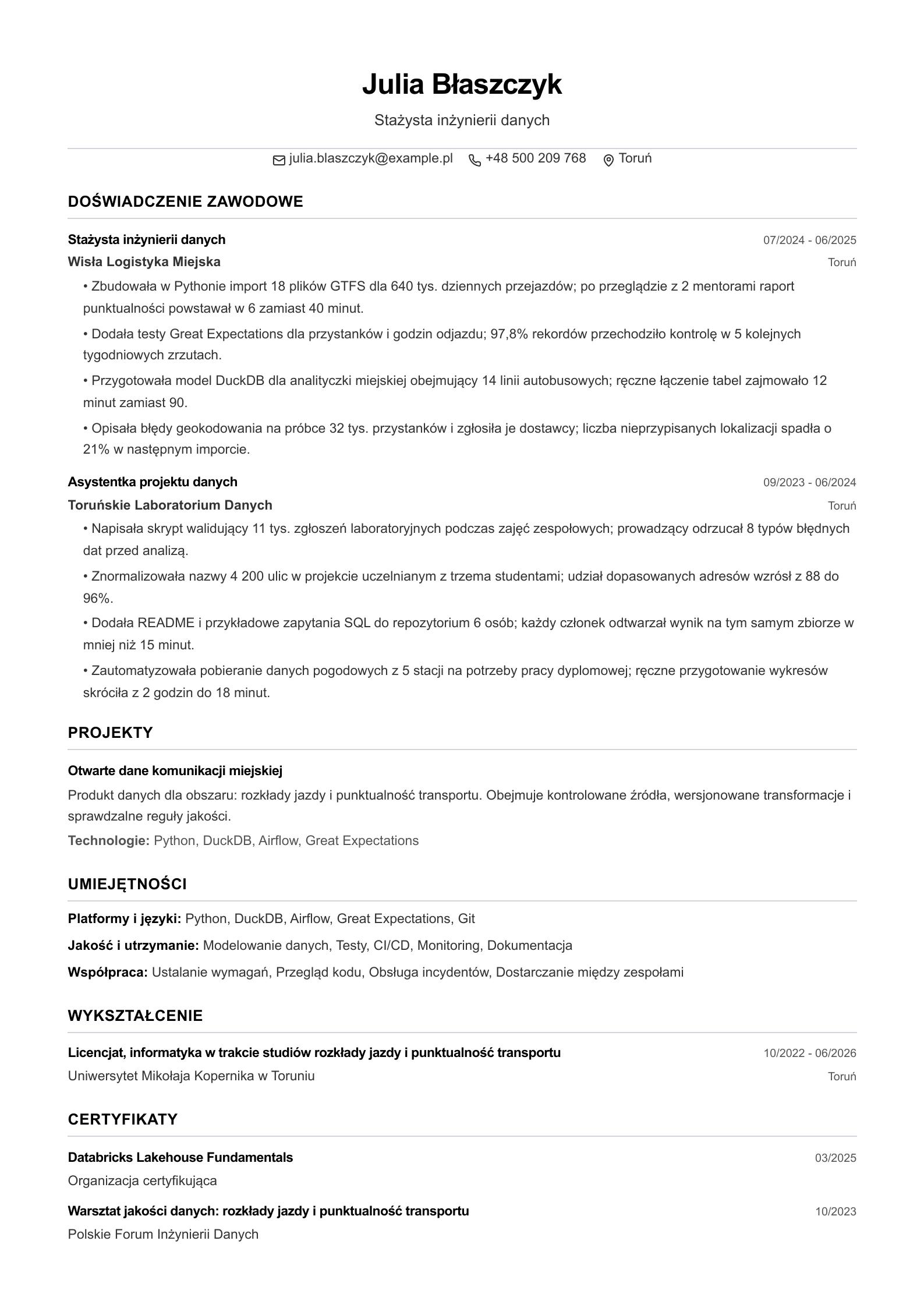 CV stażysty inżynierii danych Podgląd CV