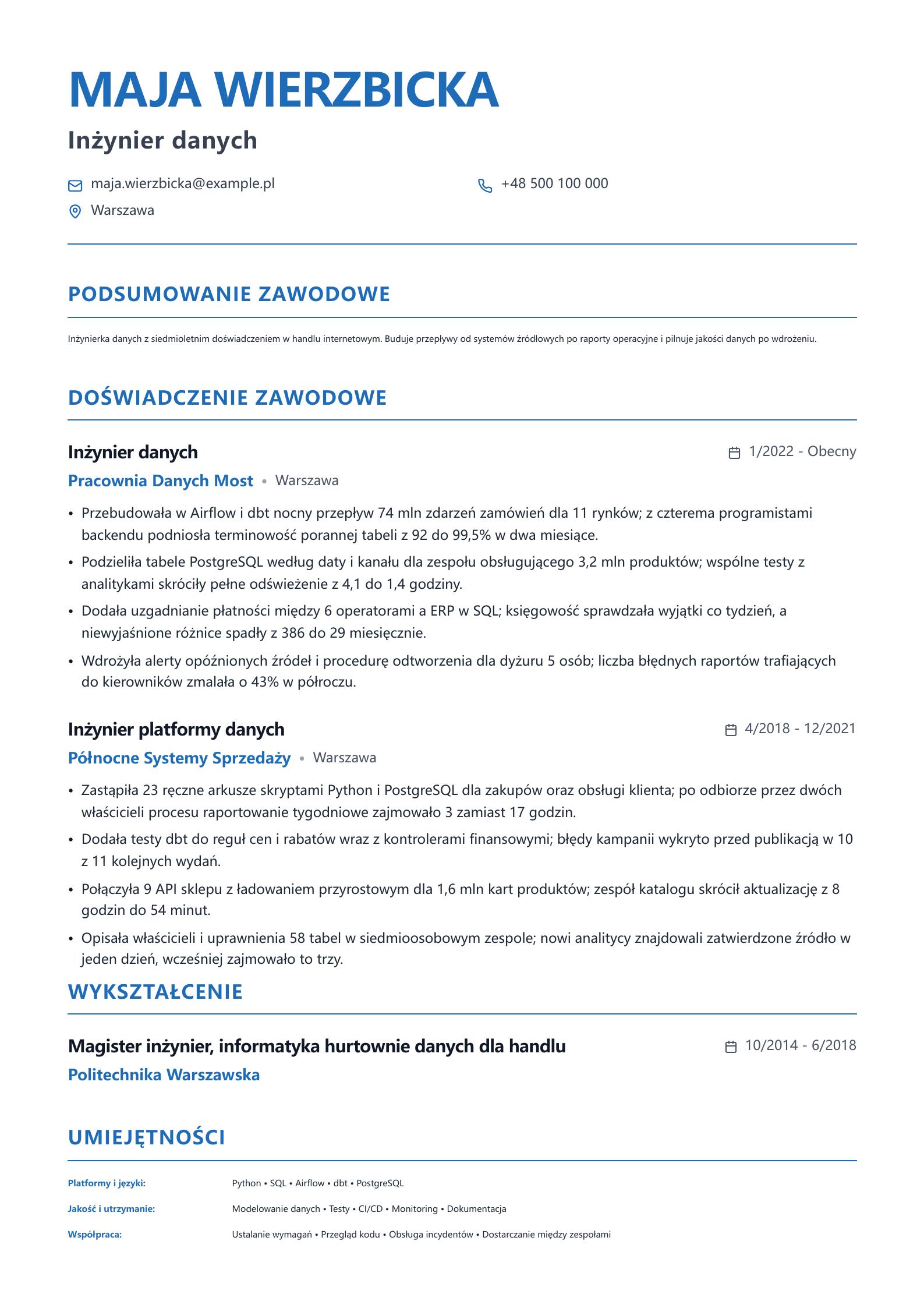 CV inżyniera danych Podgląd CV