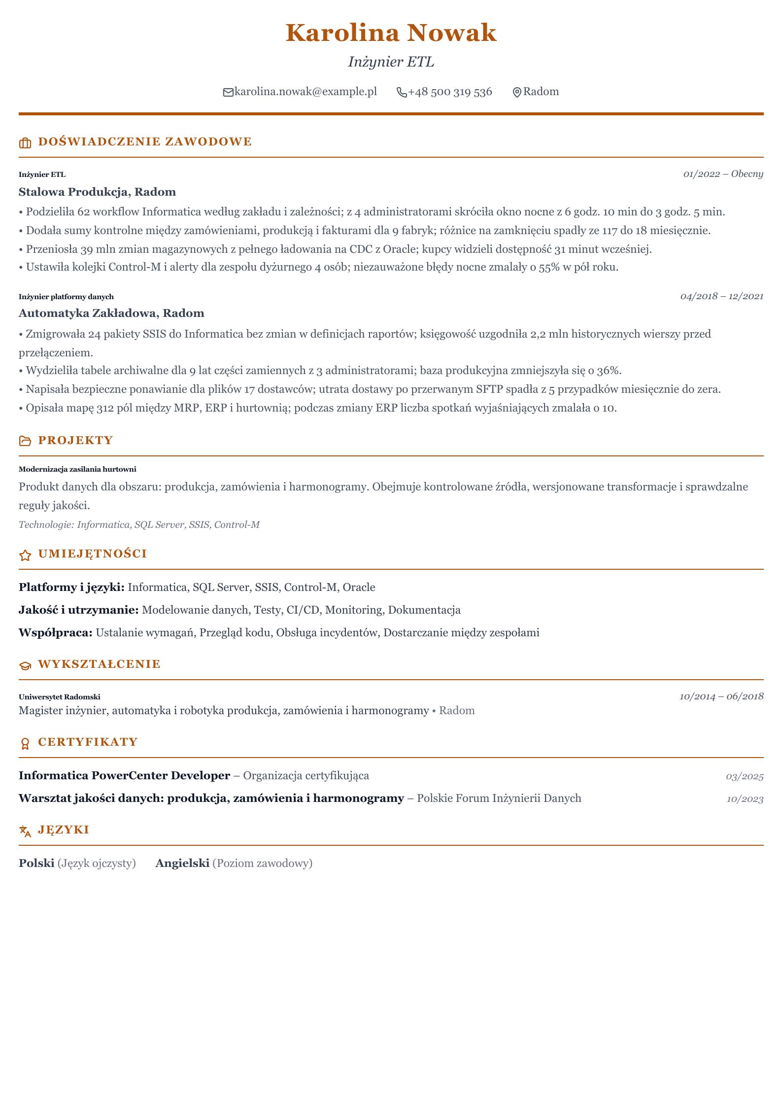 CV inżyniera ETL Podgląd CV