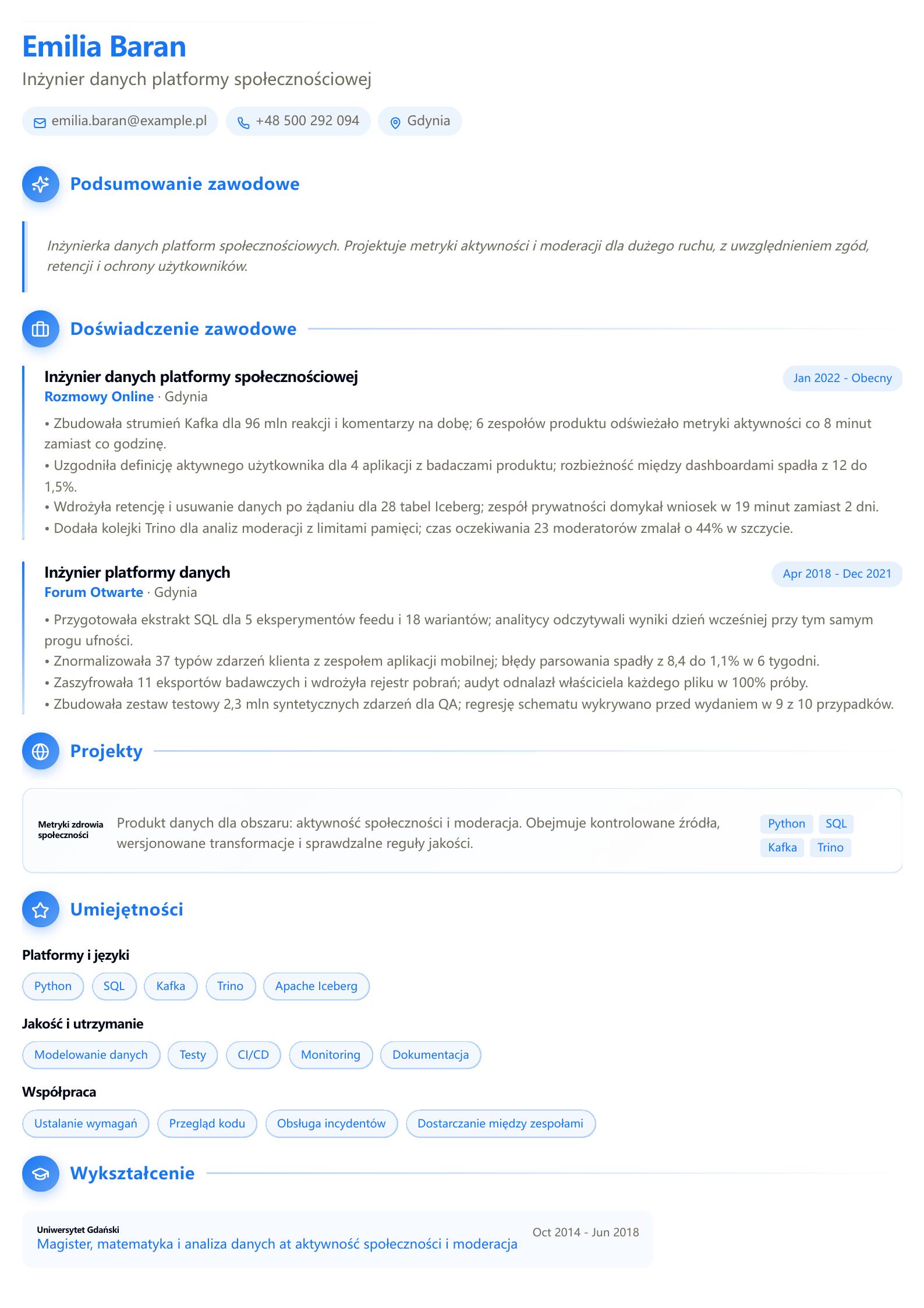 CV inżyniera danych platform społecznościowych Podgląd CV