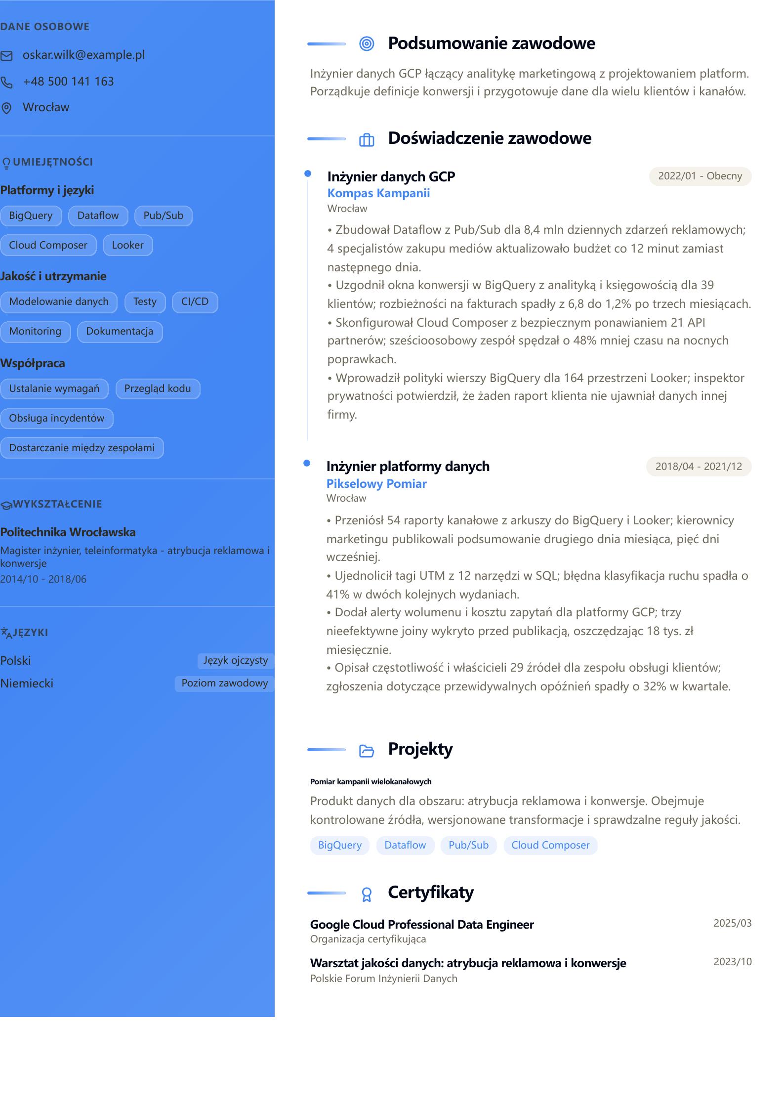 CV GCP Data Engineer Podgląd CV