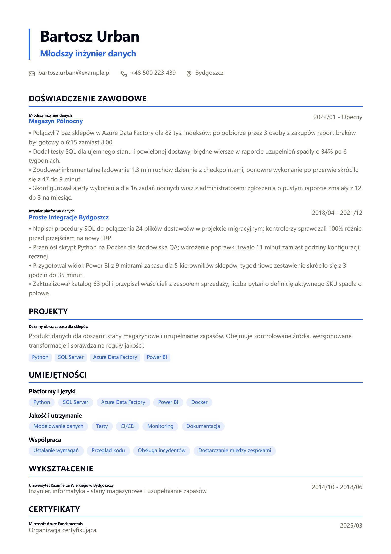 CV młodszego inżyniera danych Podgląd CV