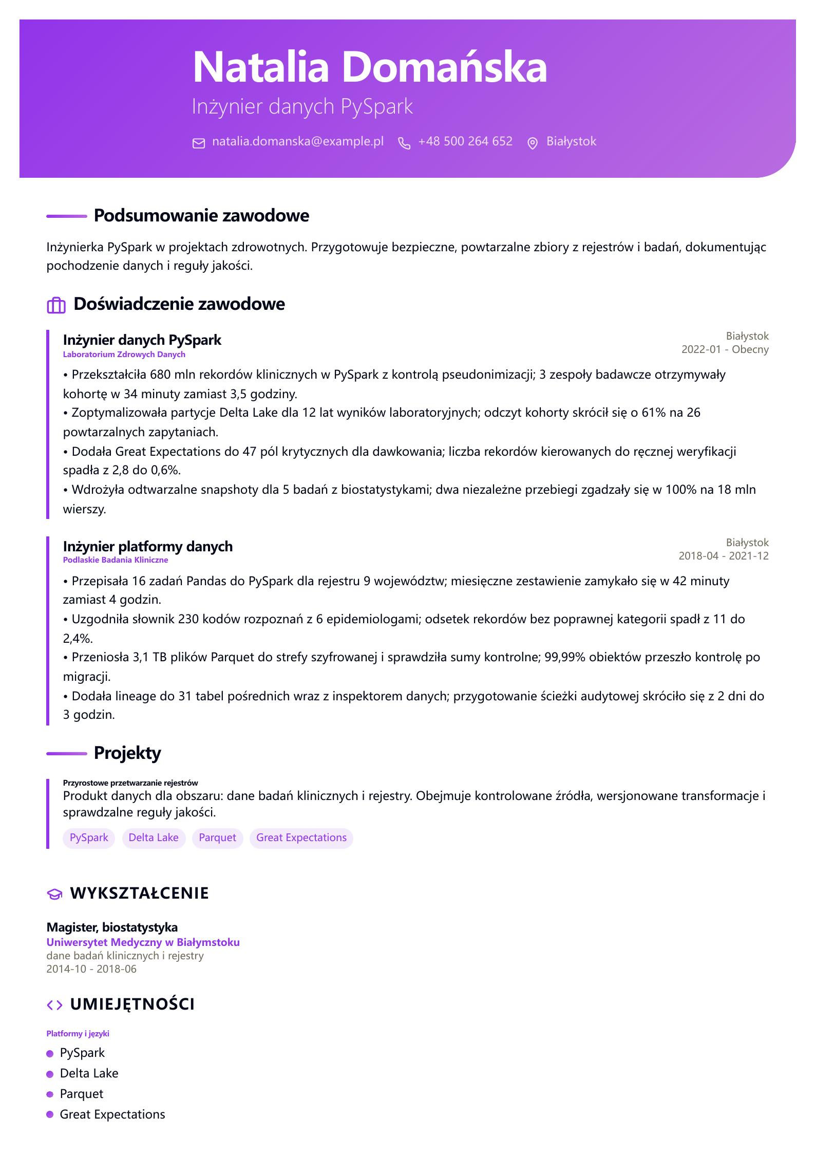CV inżyniera danych PySpark Podgląd CV
