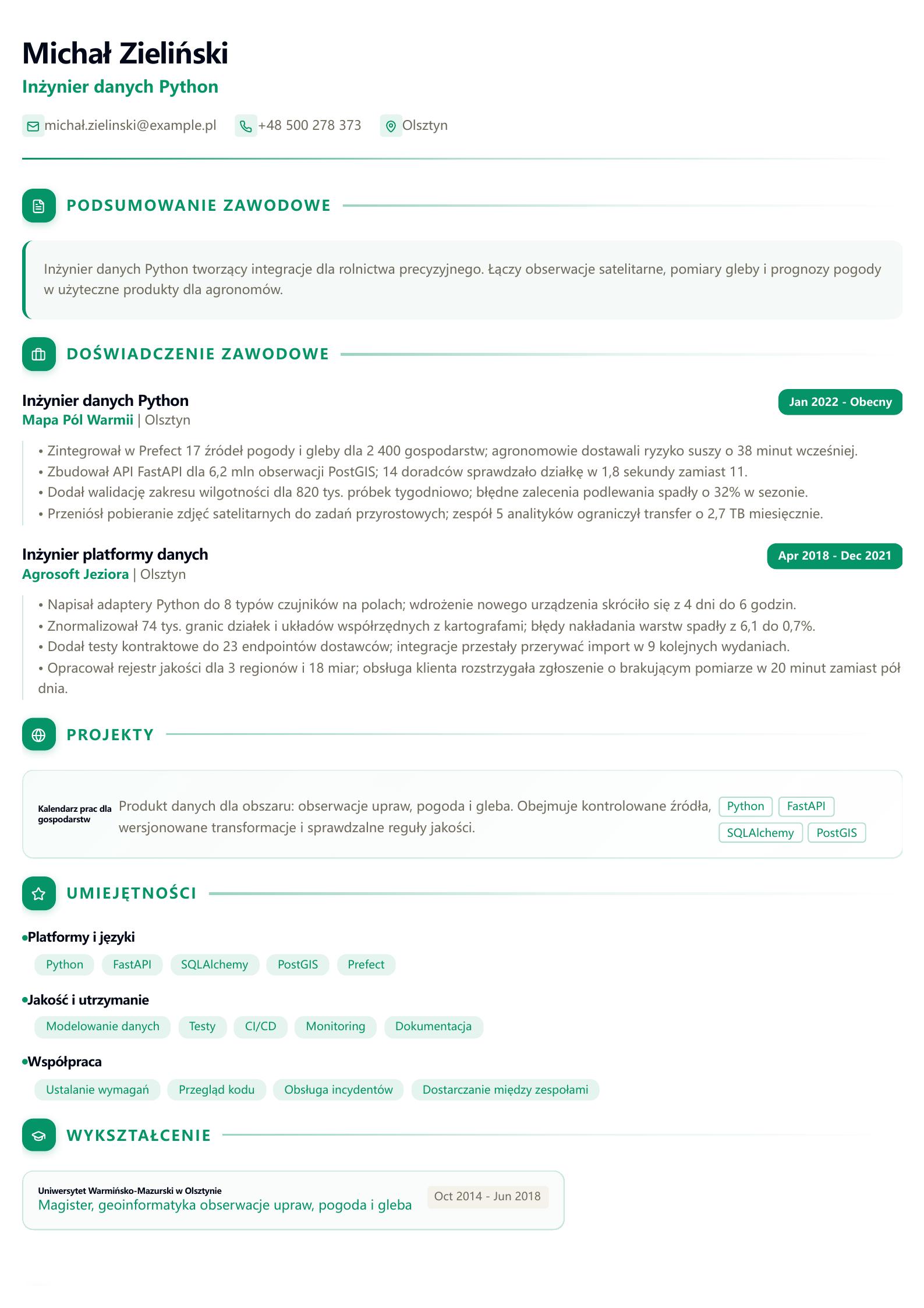 CV inżyniera danych Python Podgląd CV