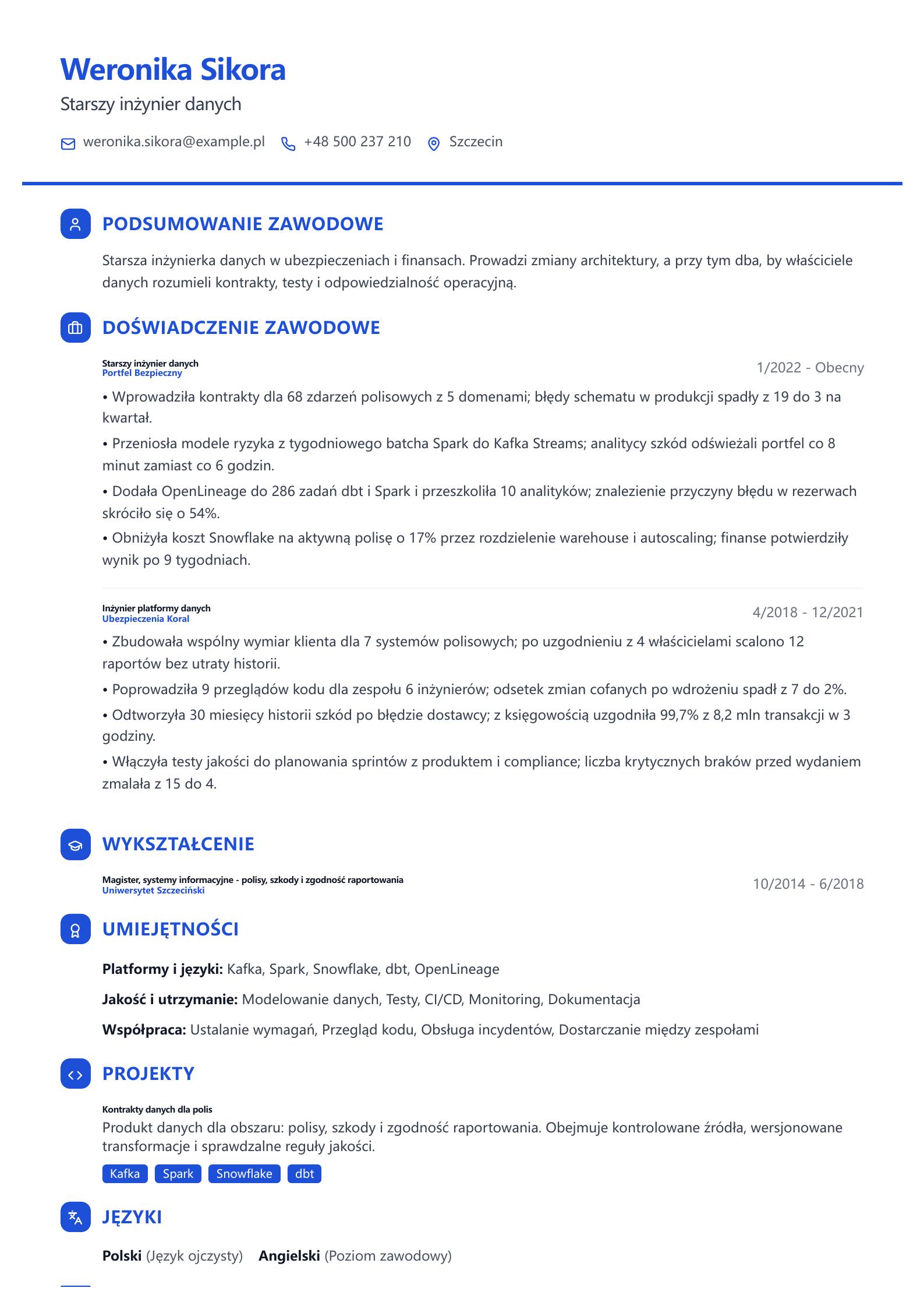 CV starszego inżyniera danych Podgląd CV