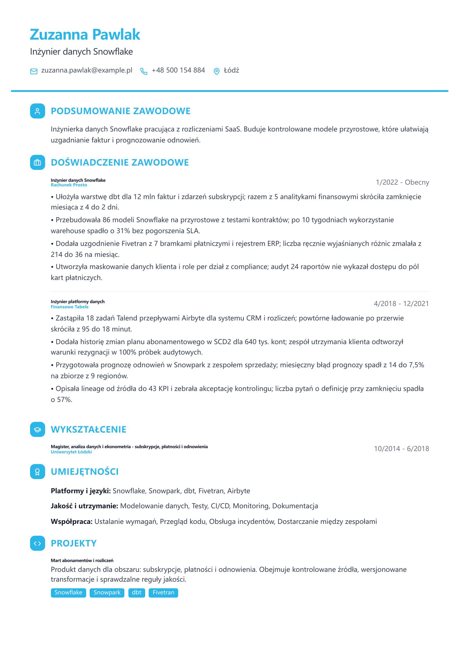 CV Snowflake Data Engineer Podgląd CV