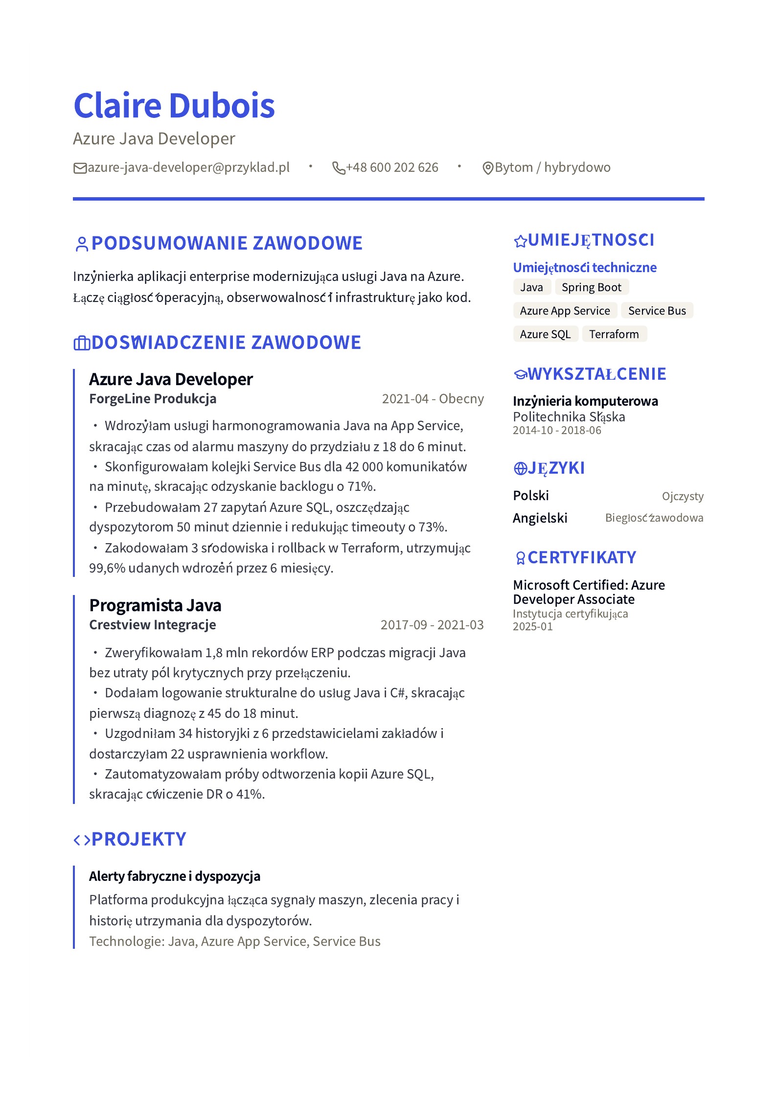 CV programisty Java Azure - polski przykład