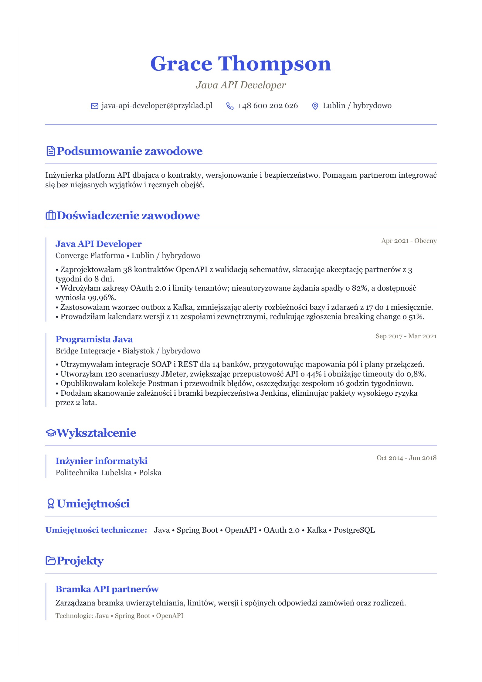 CV programisty Java API - polski przykład