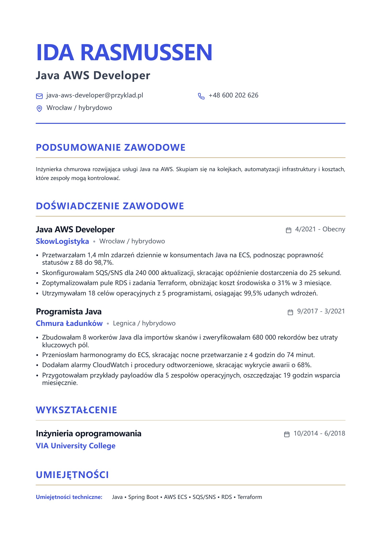 CV programisty Java AWS - polski przykład