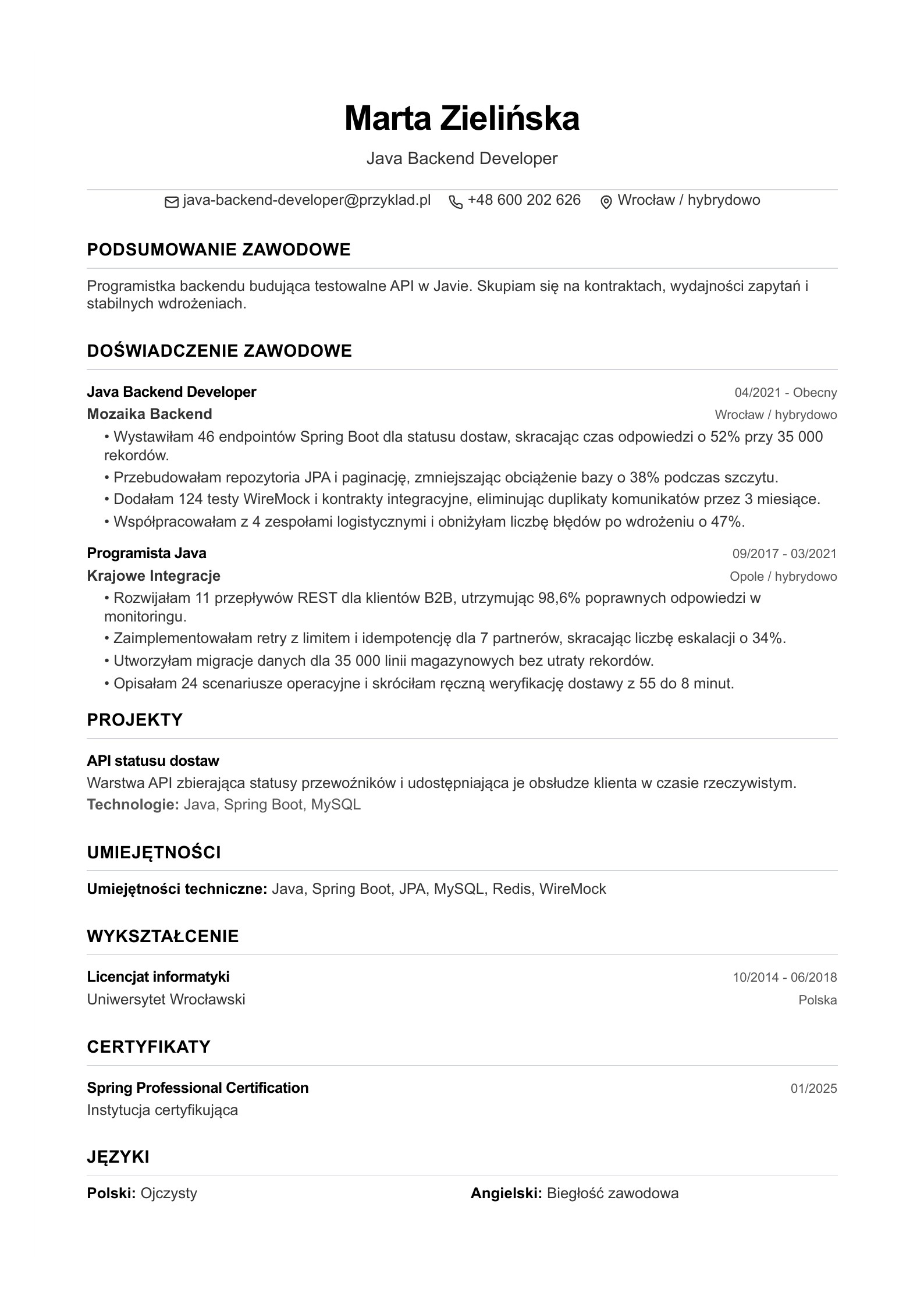 CV programisty Java backend - polski przykład