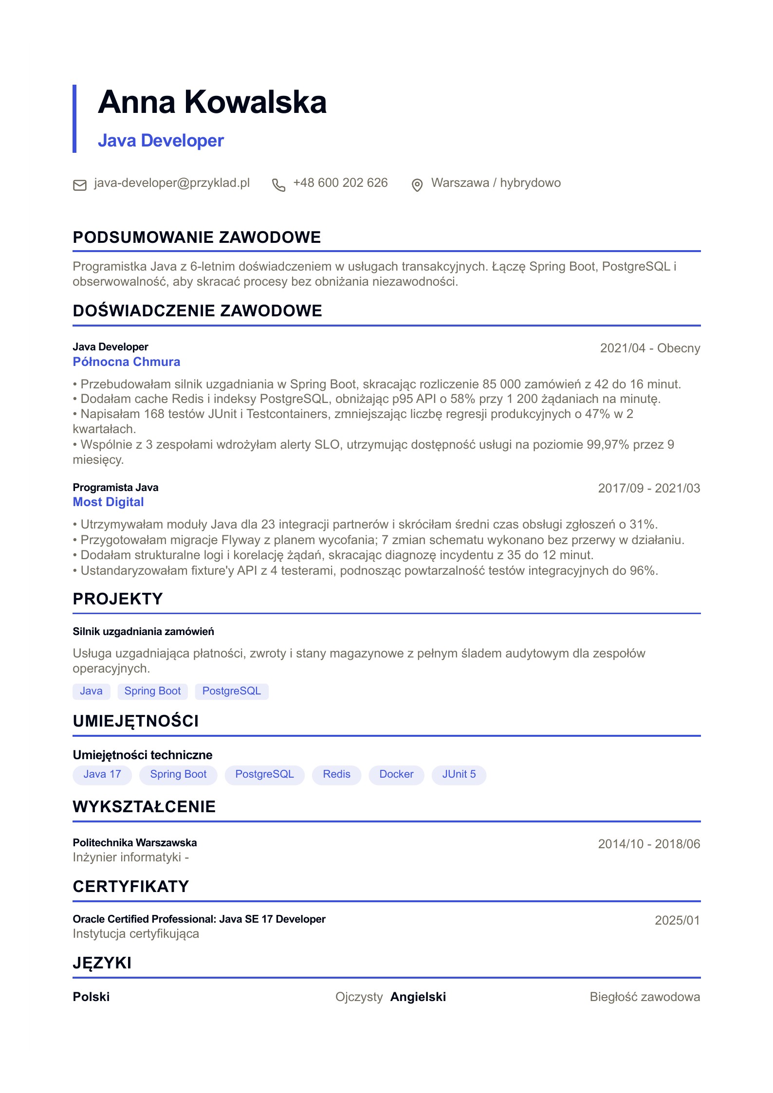 CV programisty Java - polski przykład