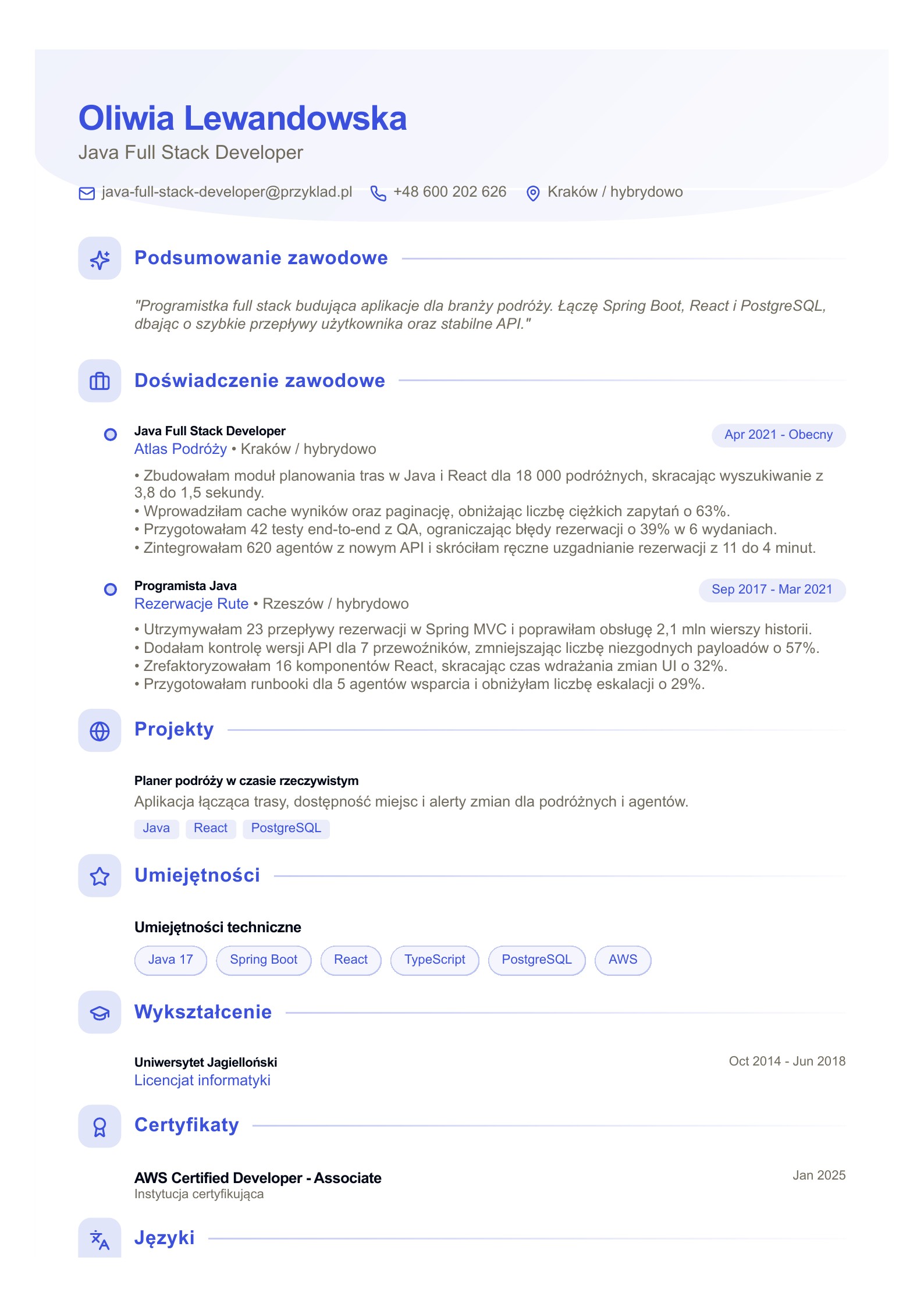CV programisty Java full stack - polski przykład