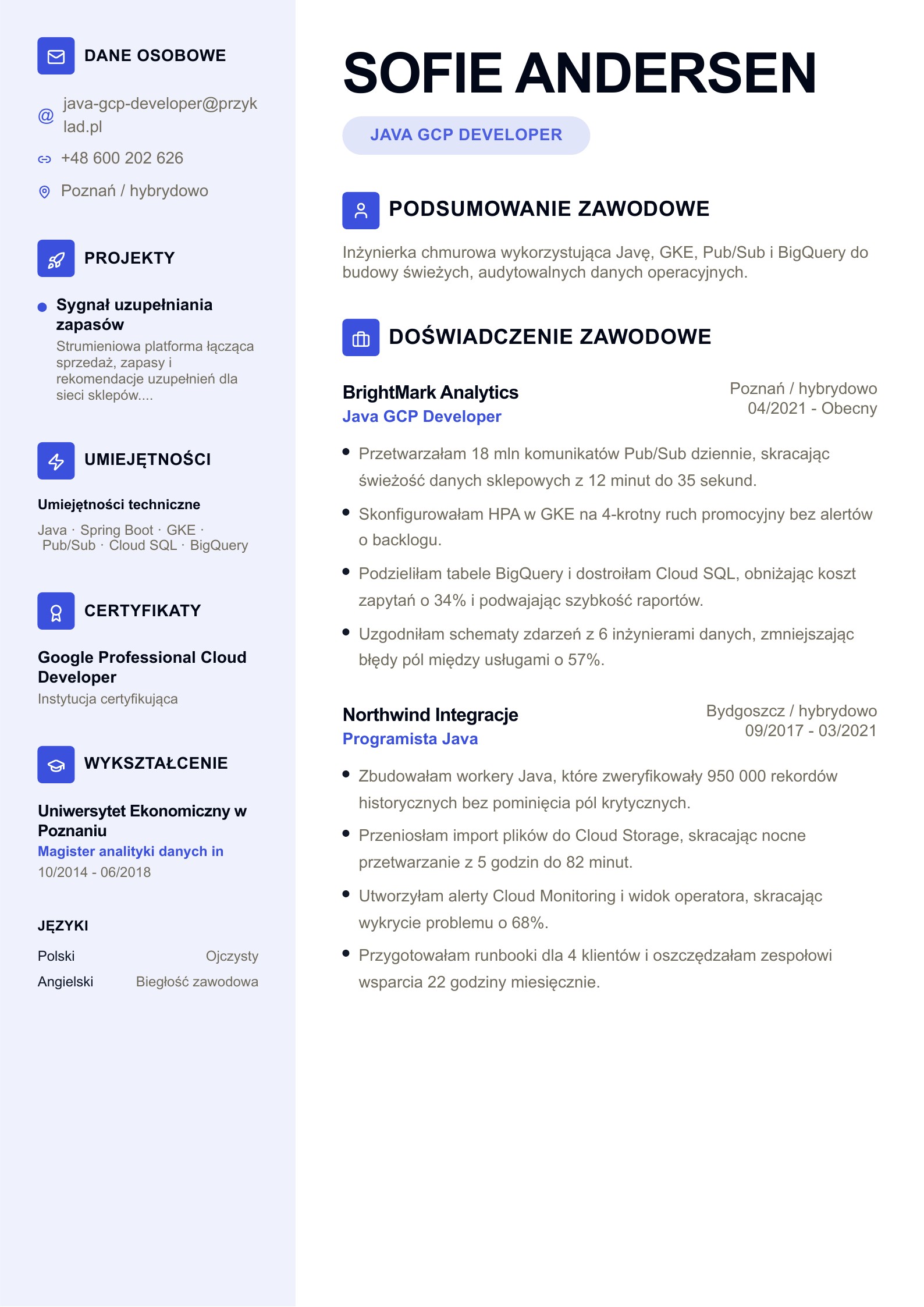 CV programisty Java GCP - polski przykład