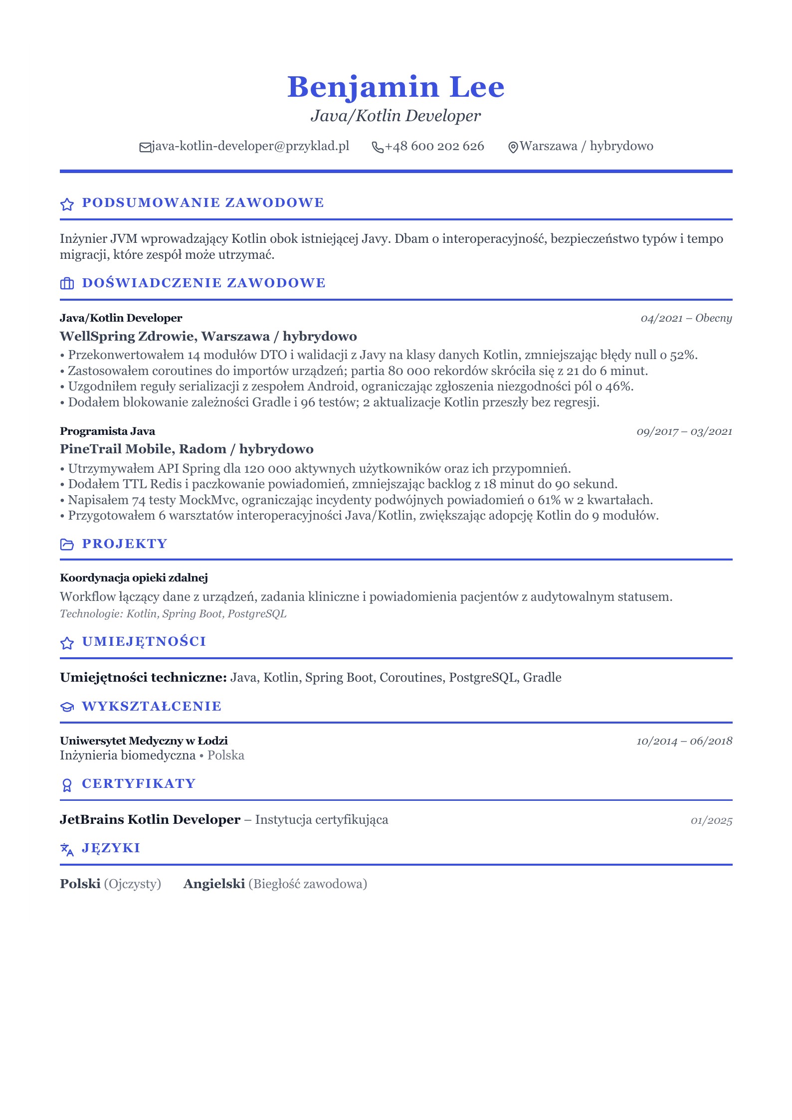 CV programisty Java i Kotlin - polski przykład