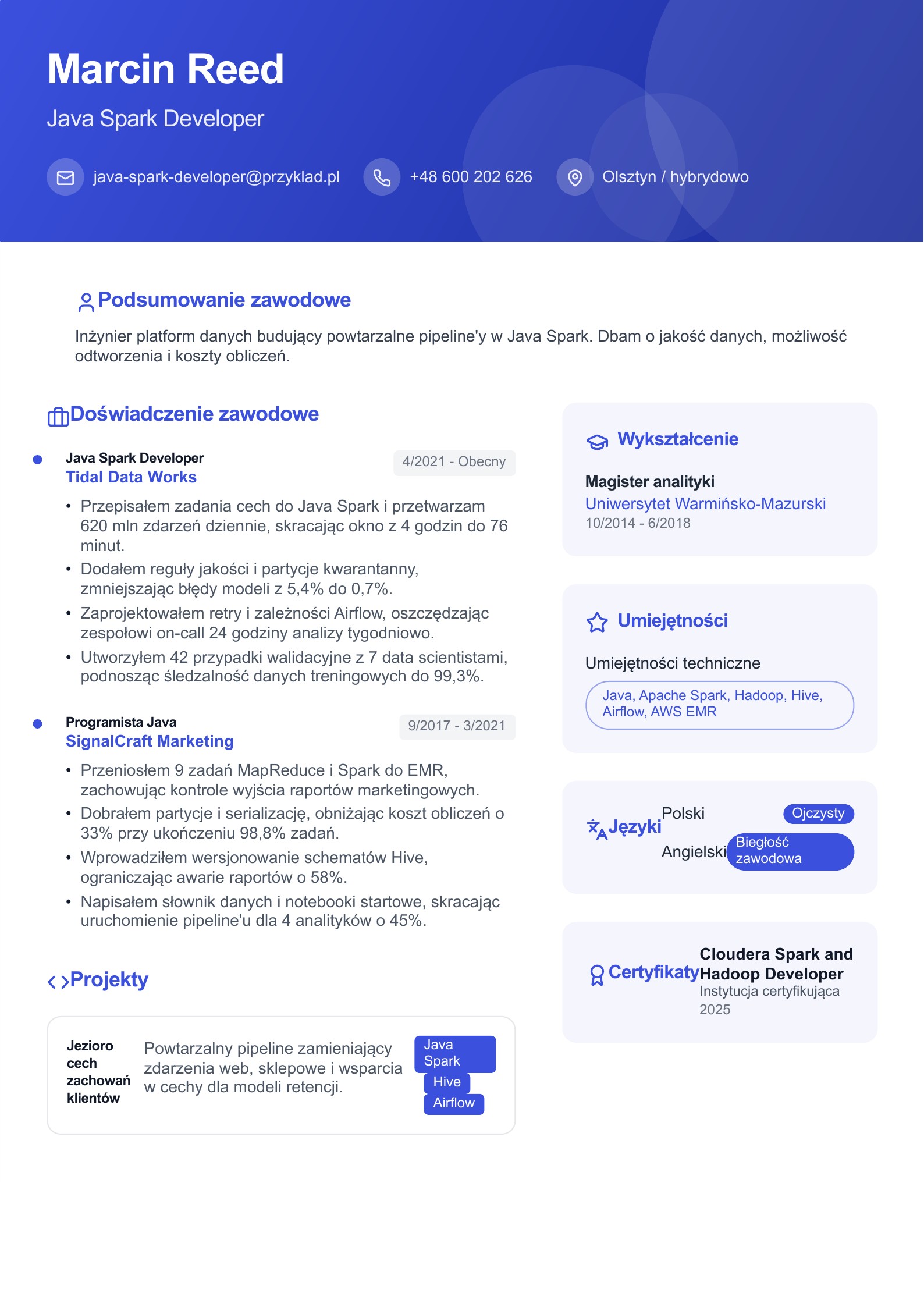 CV programisty Java Spark - polski przykład
