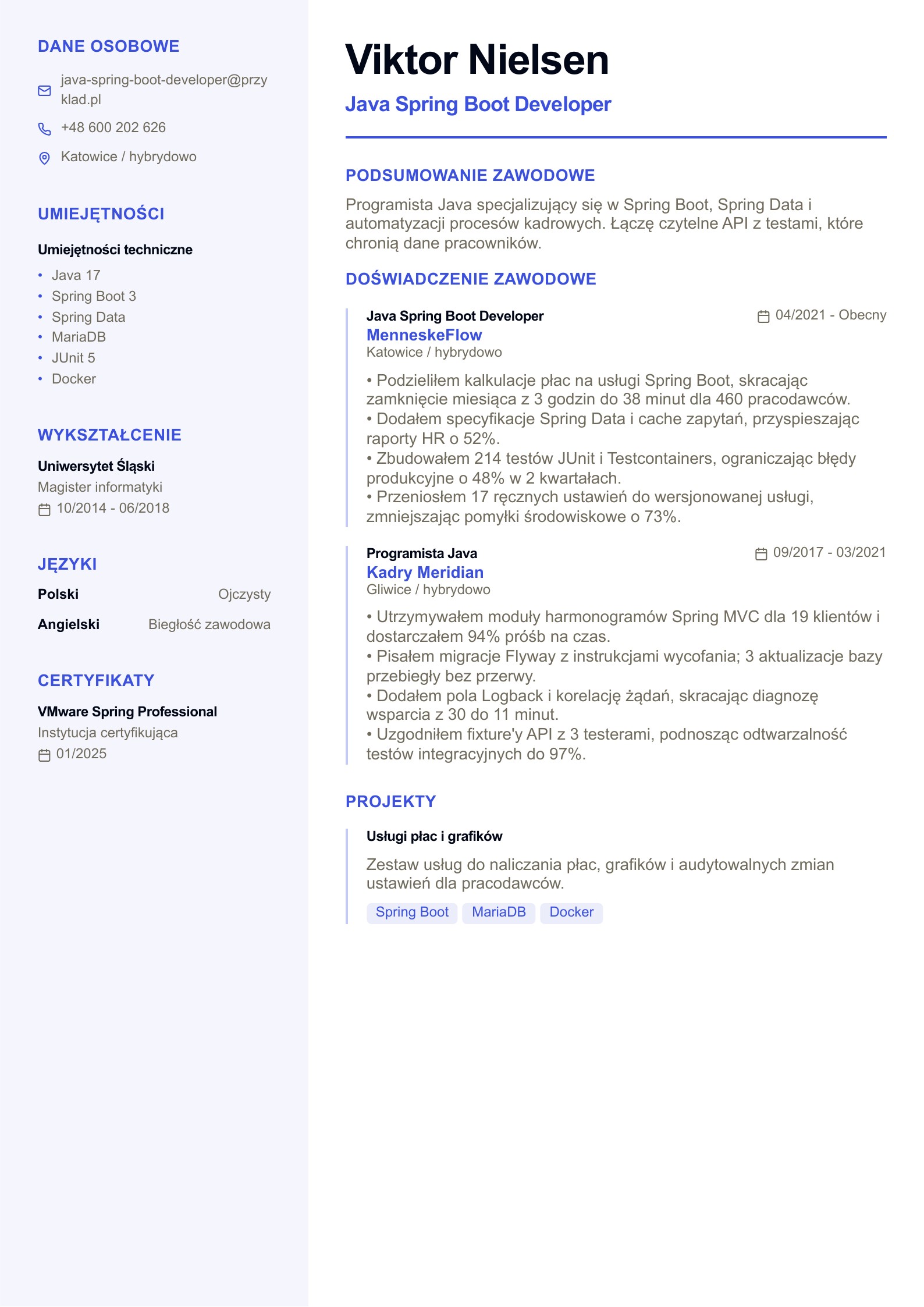 CV programisty Java Spring Boot - polski przykład