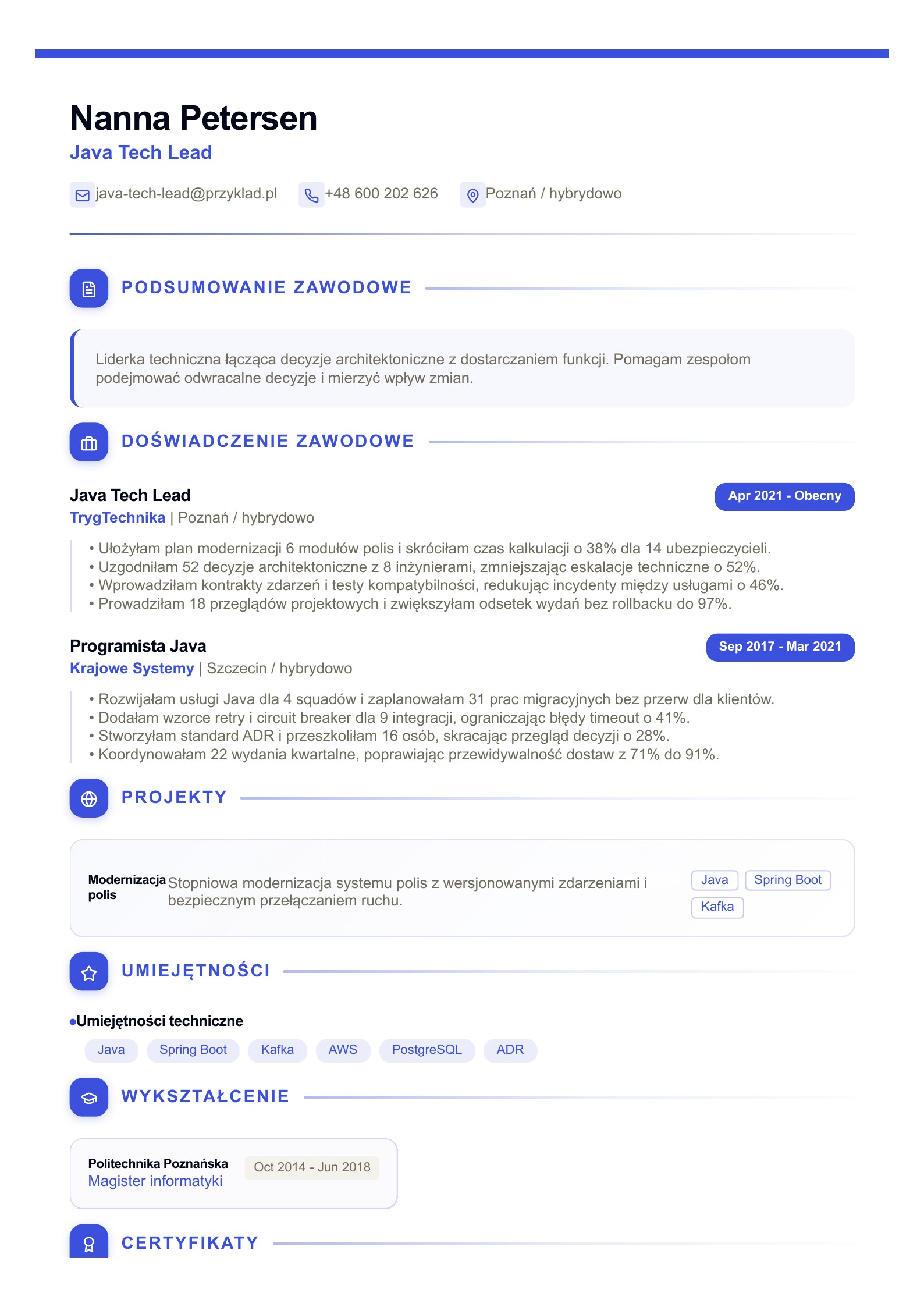 CV lidera technicznego Java - polski przykład