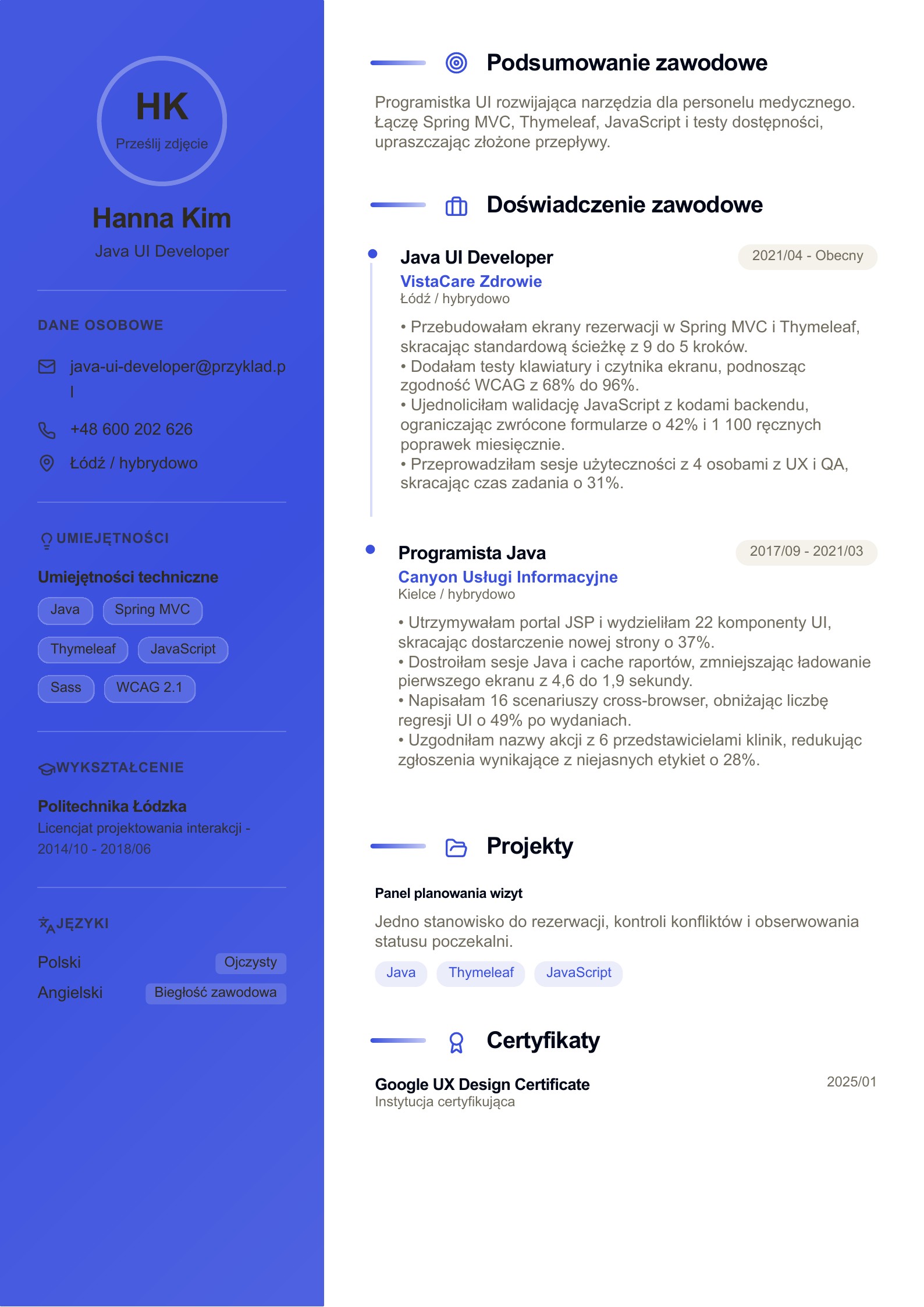 CV programisty Java UI - polski przykład