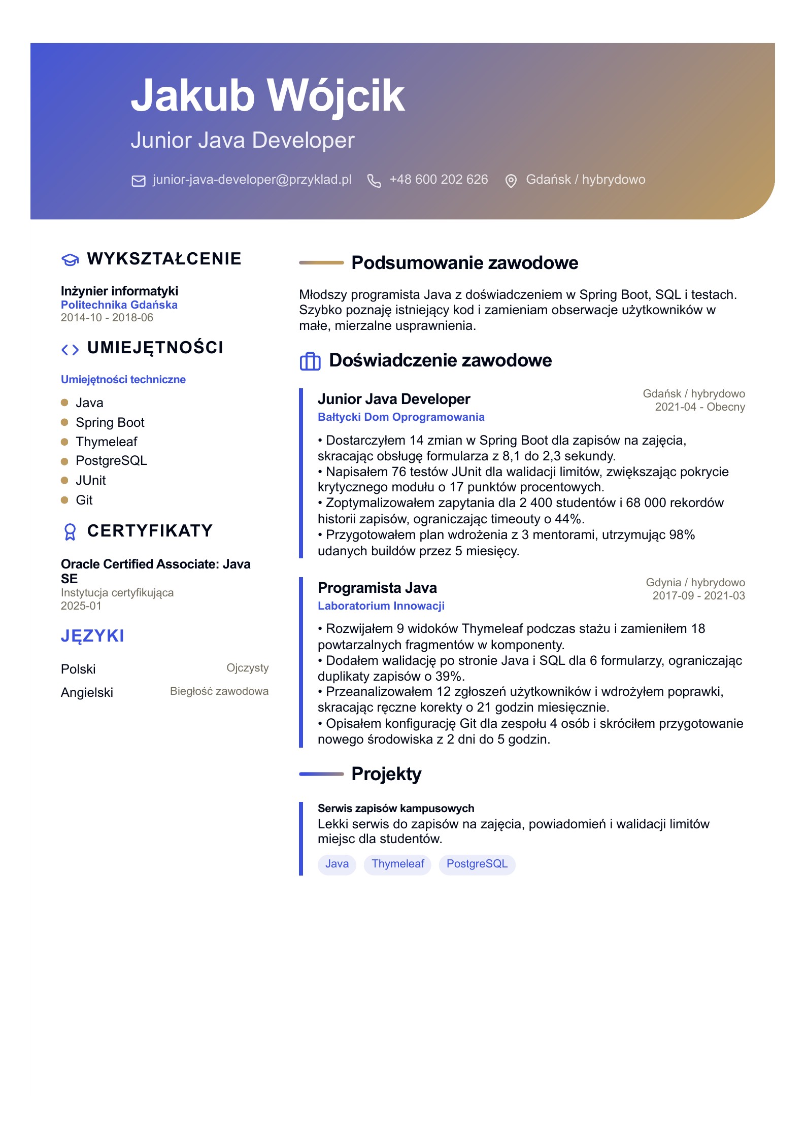 CV młodszego programisty Java - polski przykład