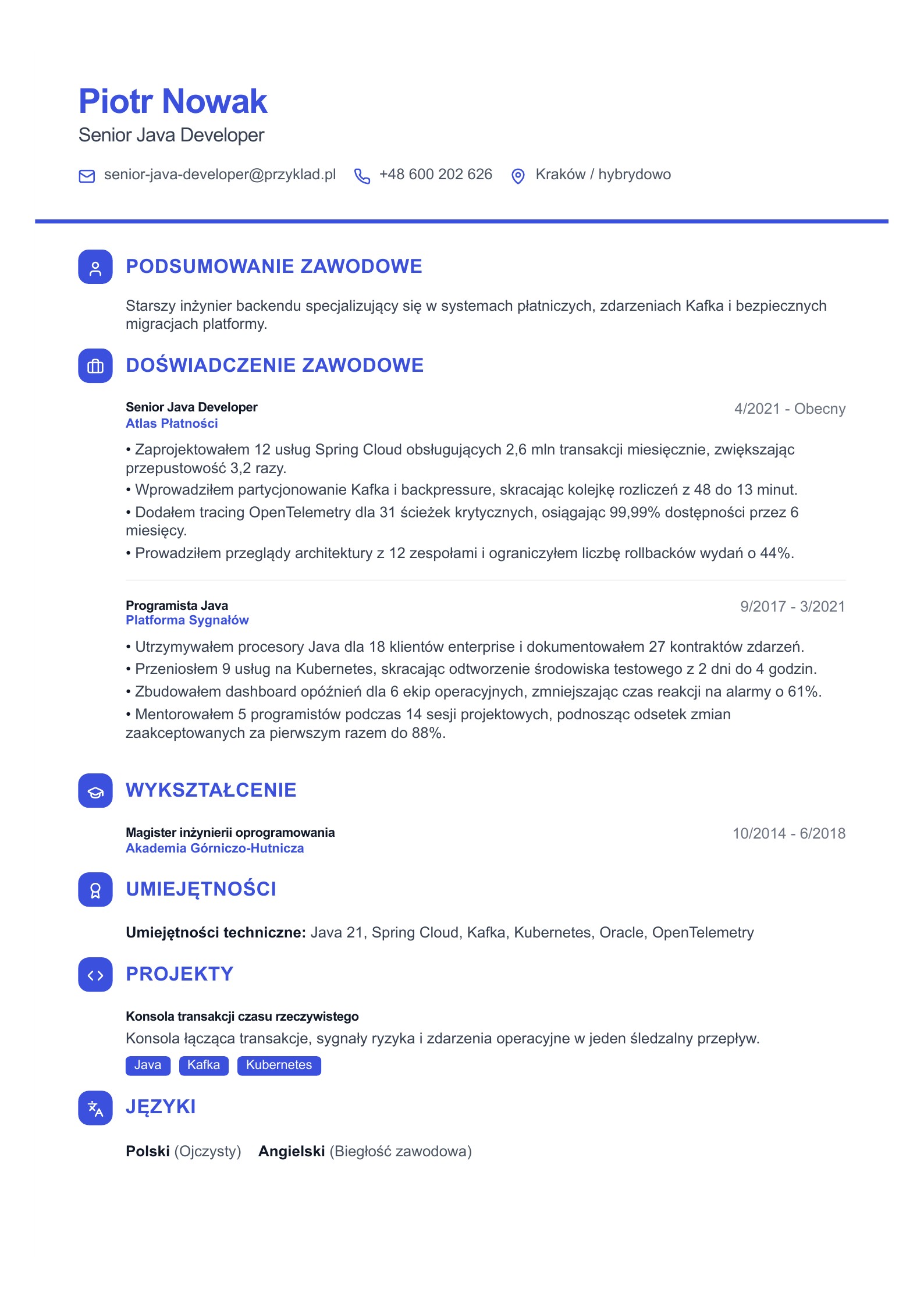 CV starszego programisty Java - polski przykład