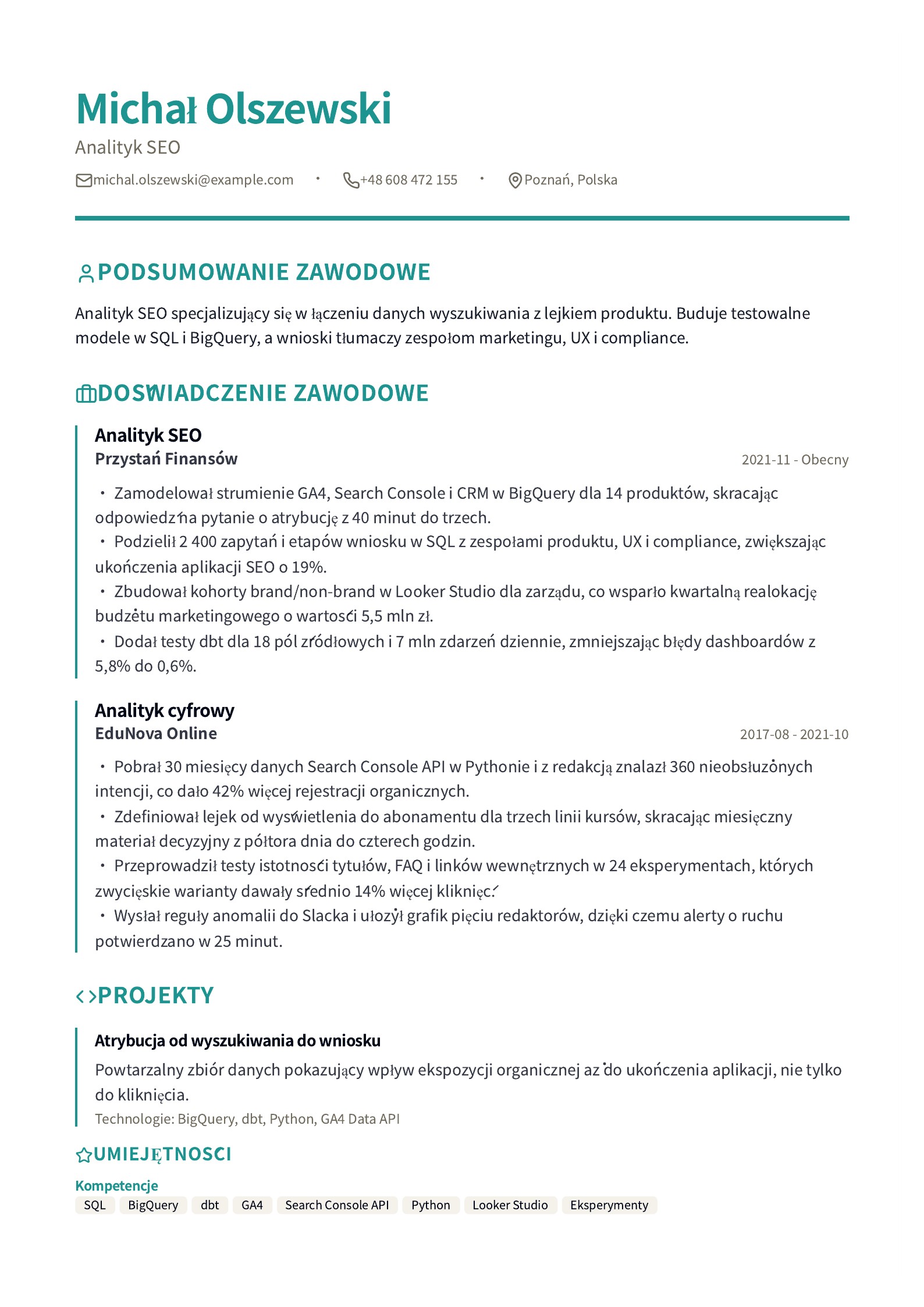 Przykład CV: Analityk SEO