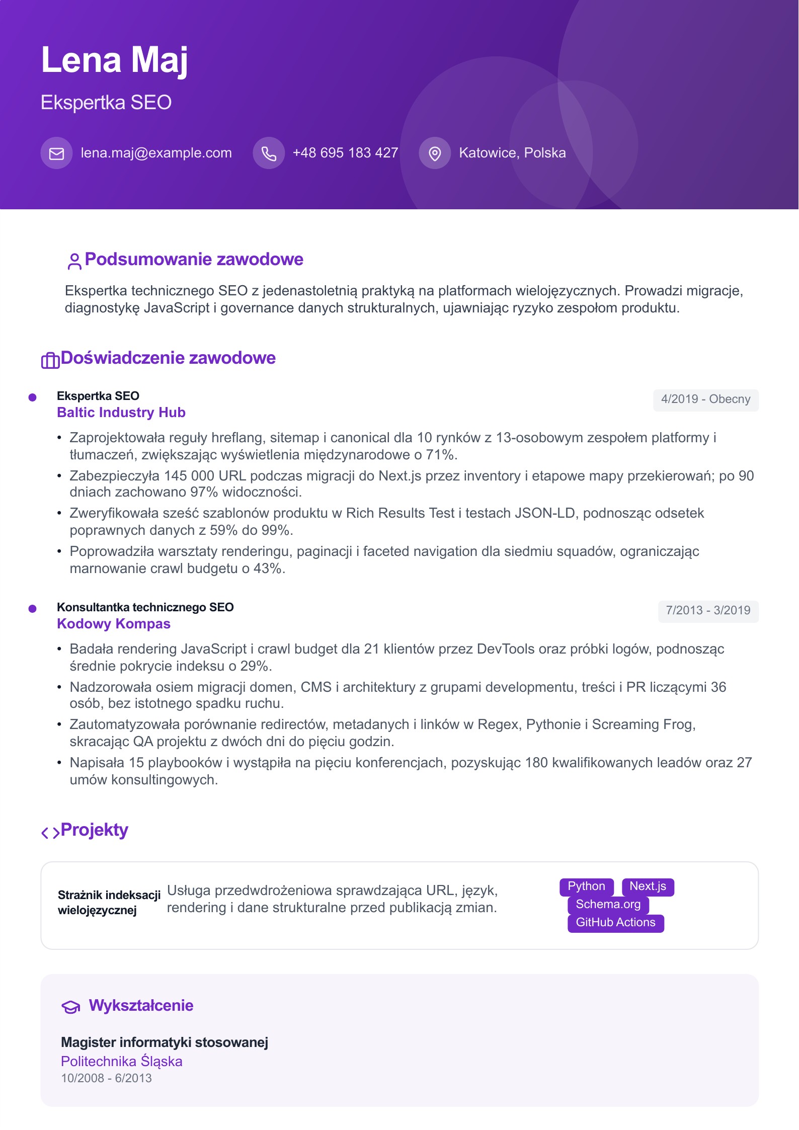 Przykład CV: Ekspert SEO