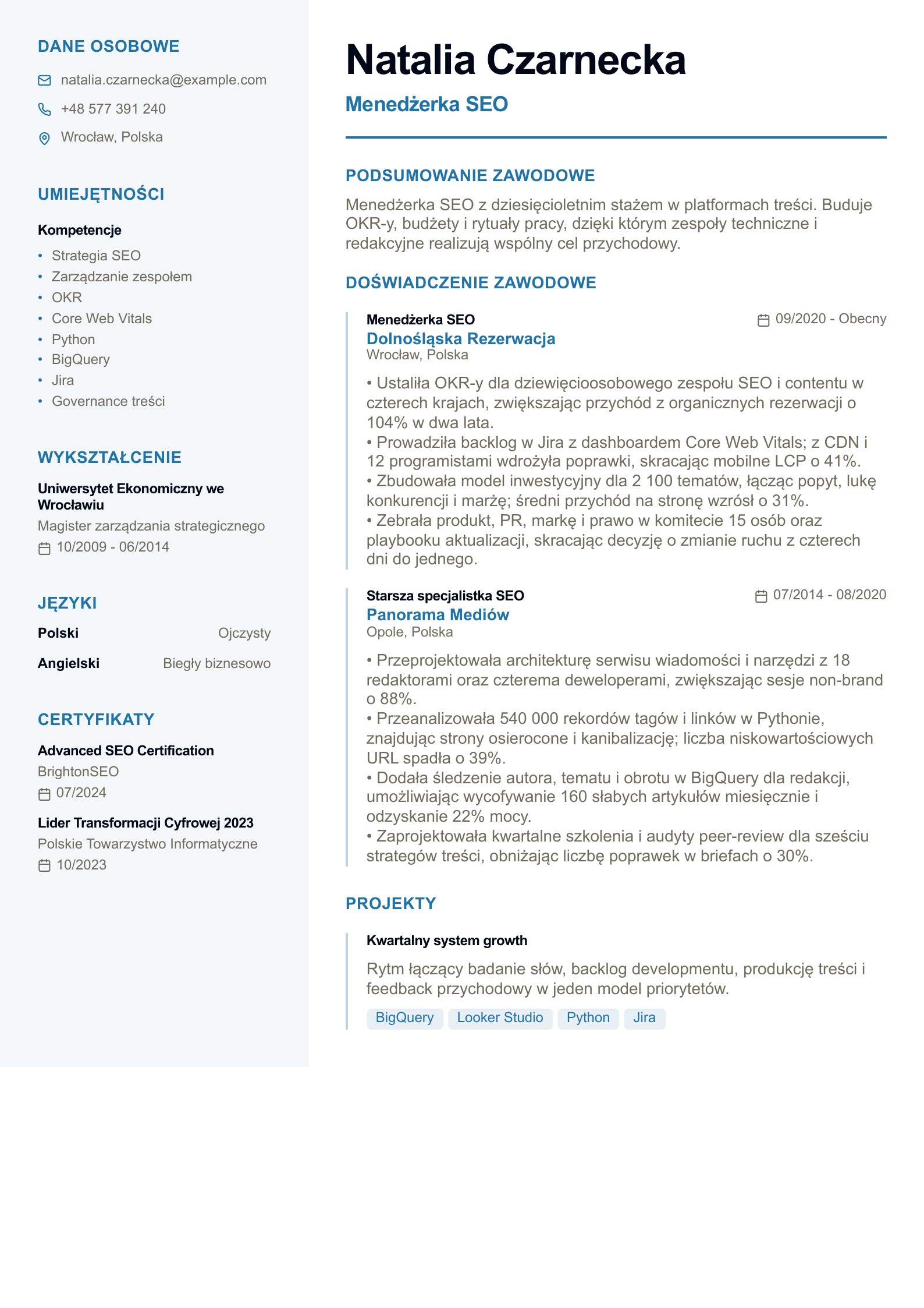 Przykład CV: Menedżer SEO