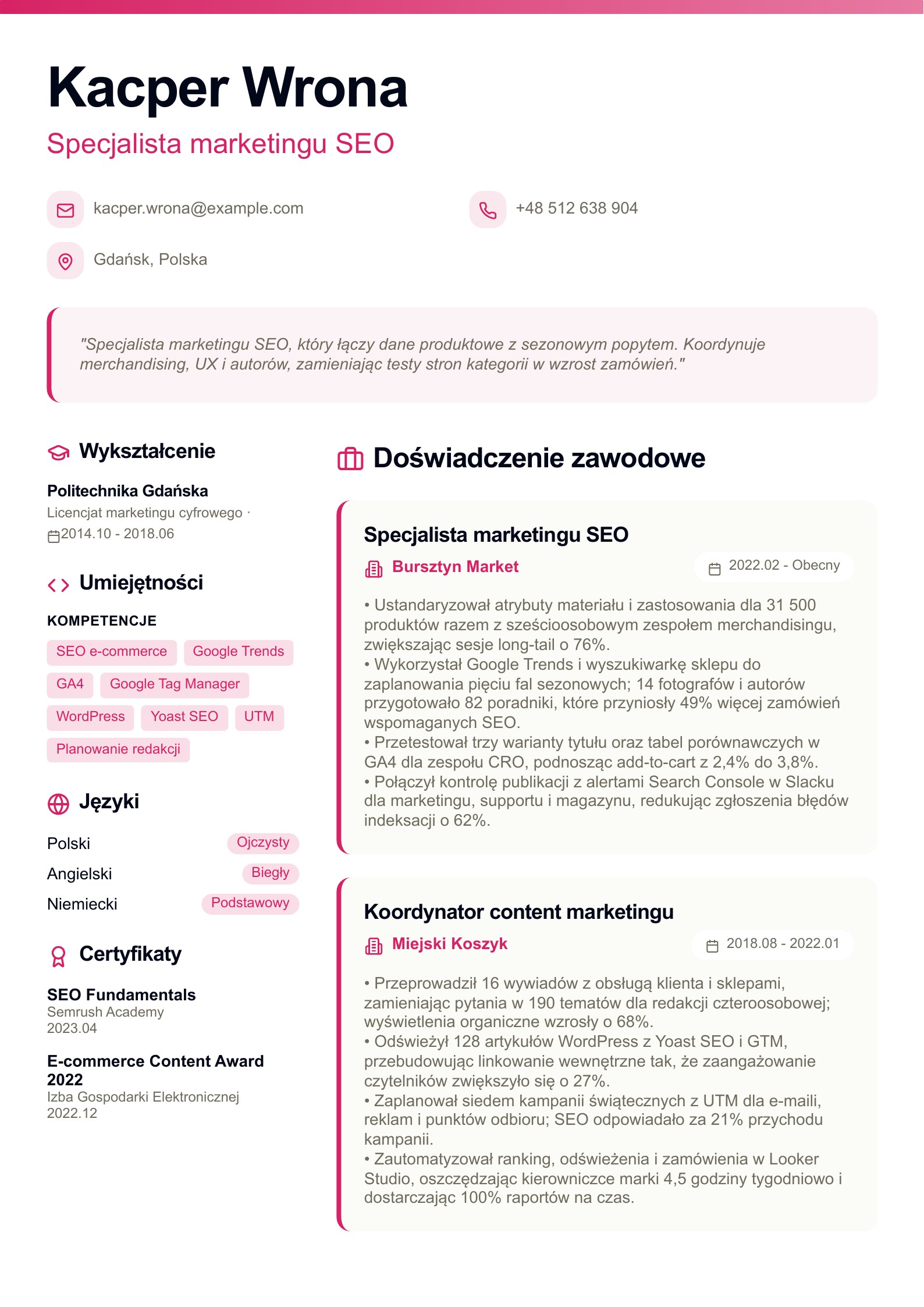 Przykład CV: Specjalista marketingu SEO