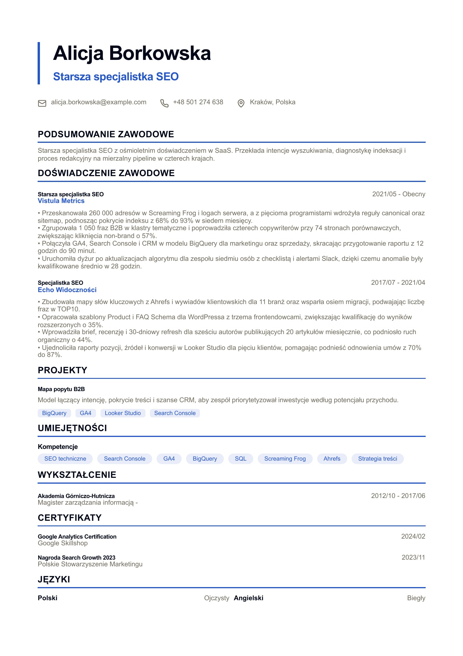 Przykład CV: CV SEO