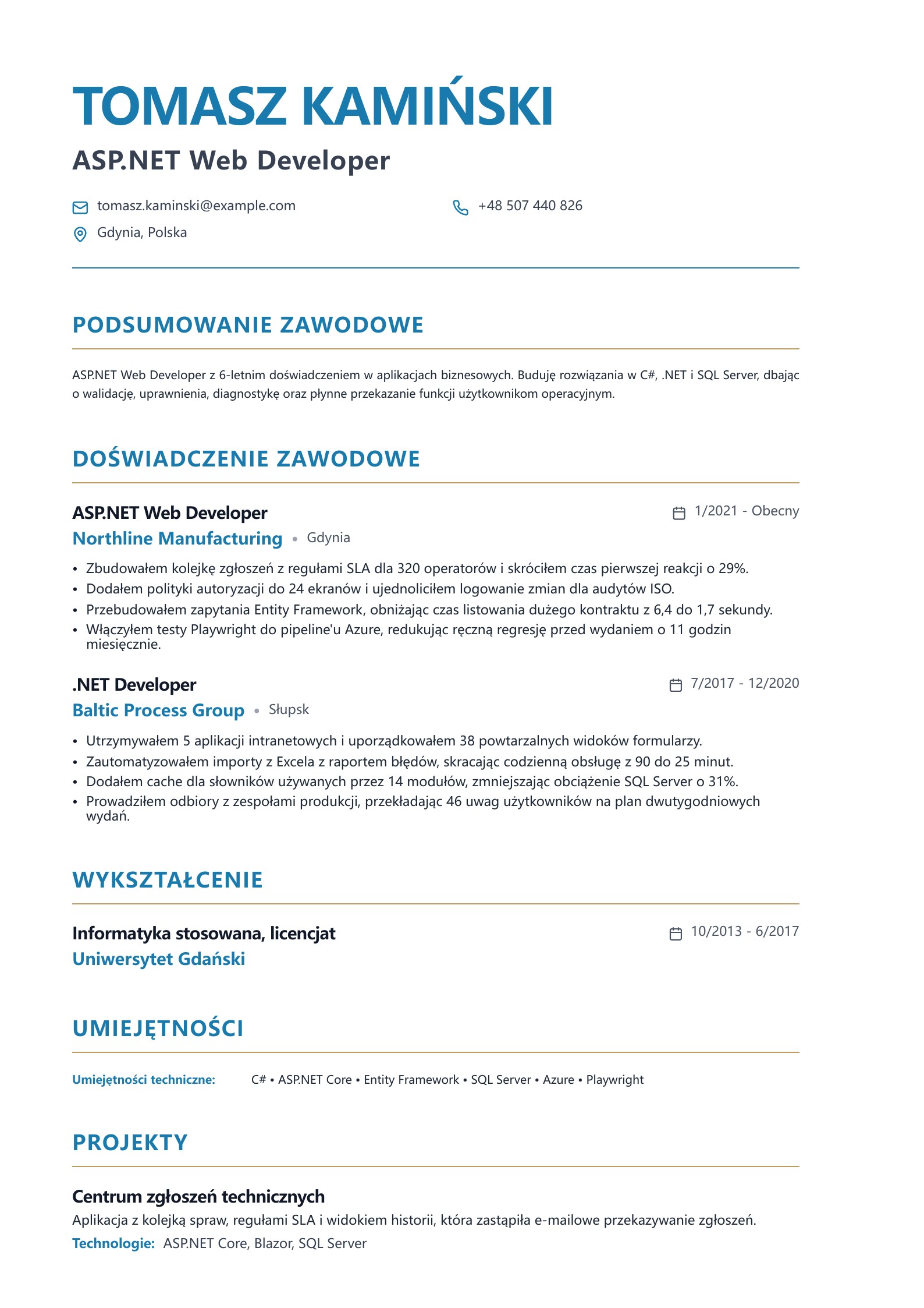 CV ASP.NET Web Developera - polski przykład