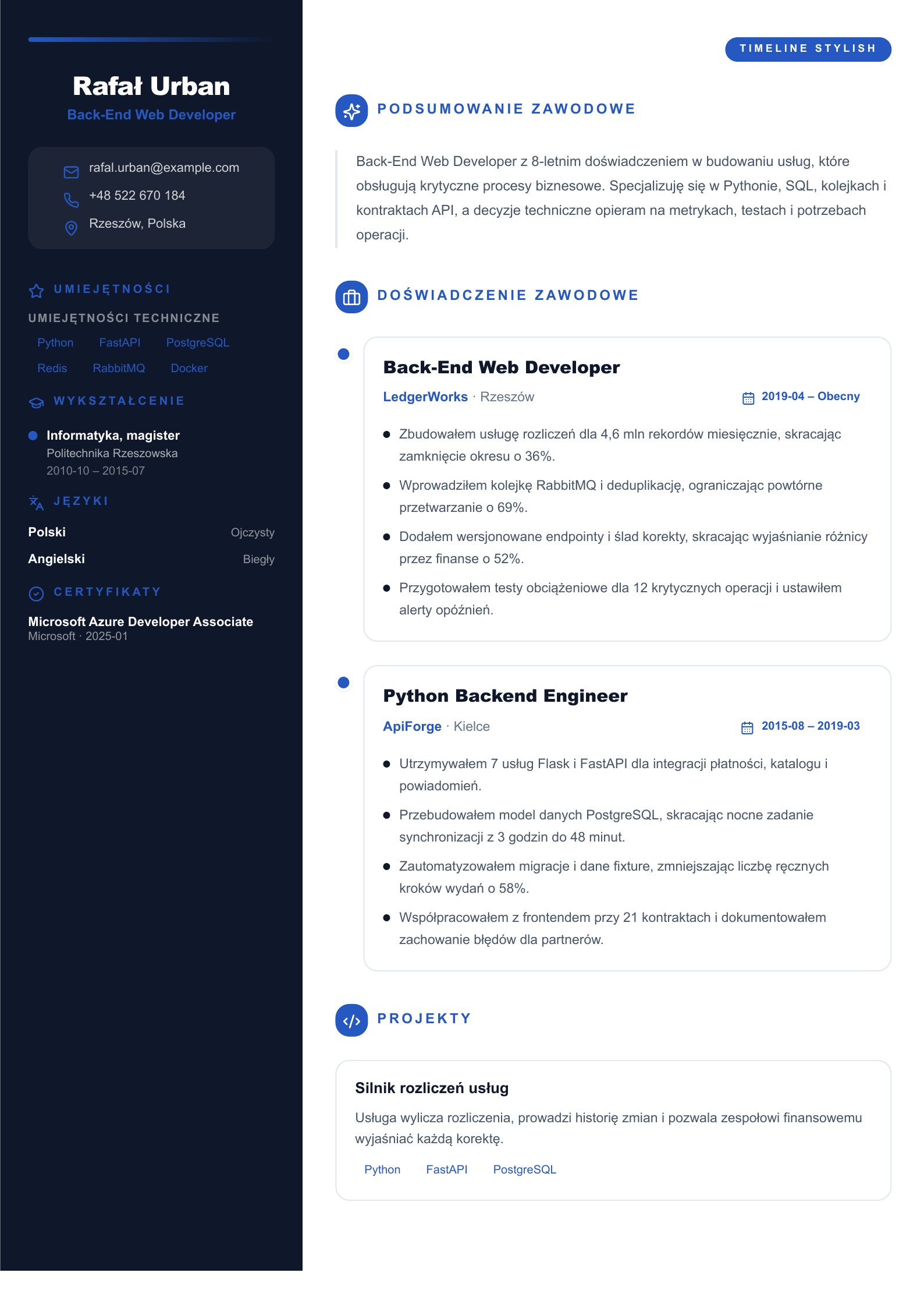 CV Back-End Web Developera - polski przykład