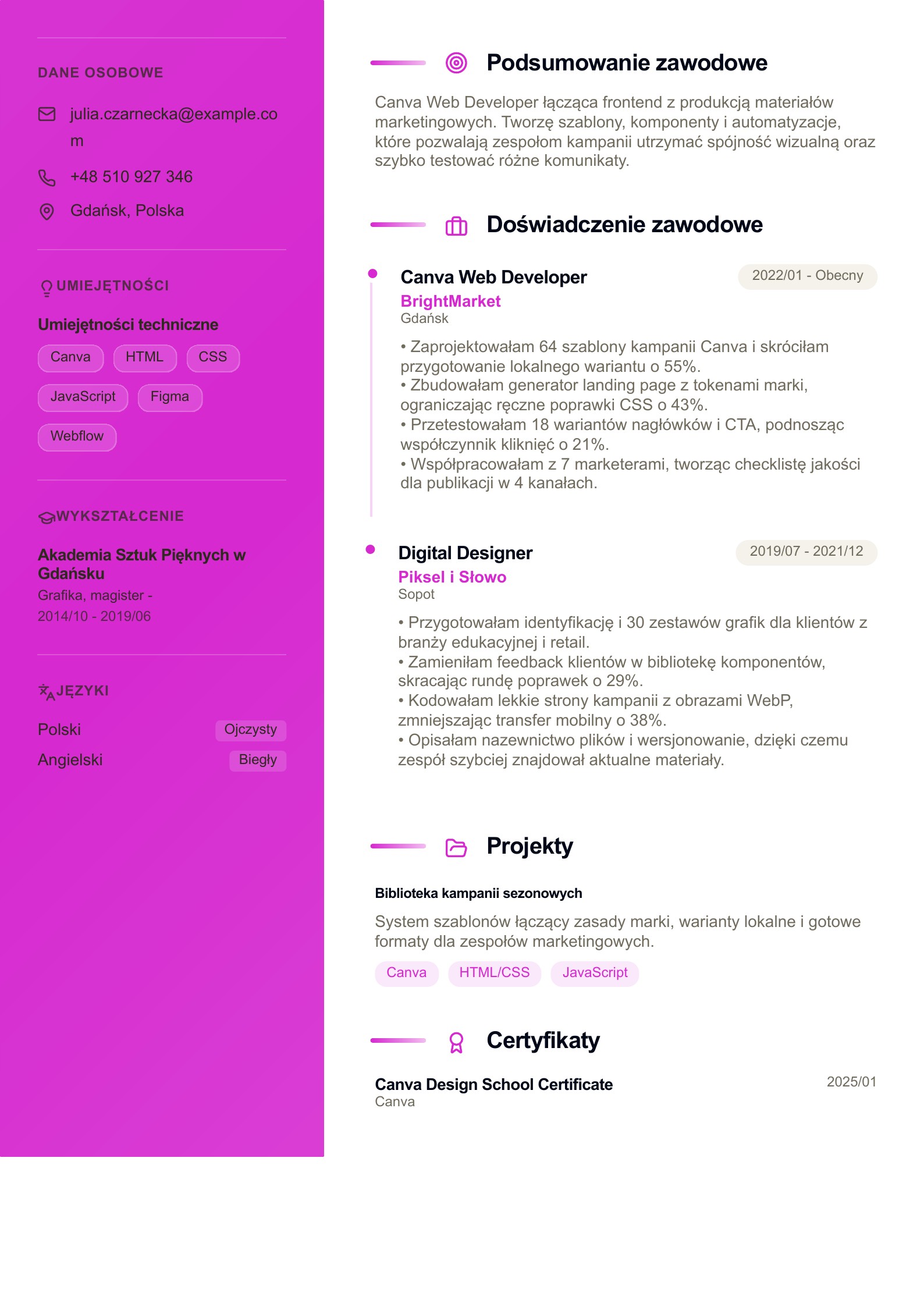 CV Canva Web Developera - polski przykład