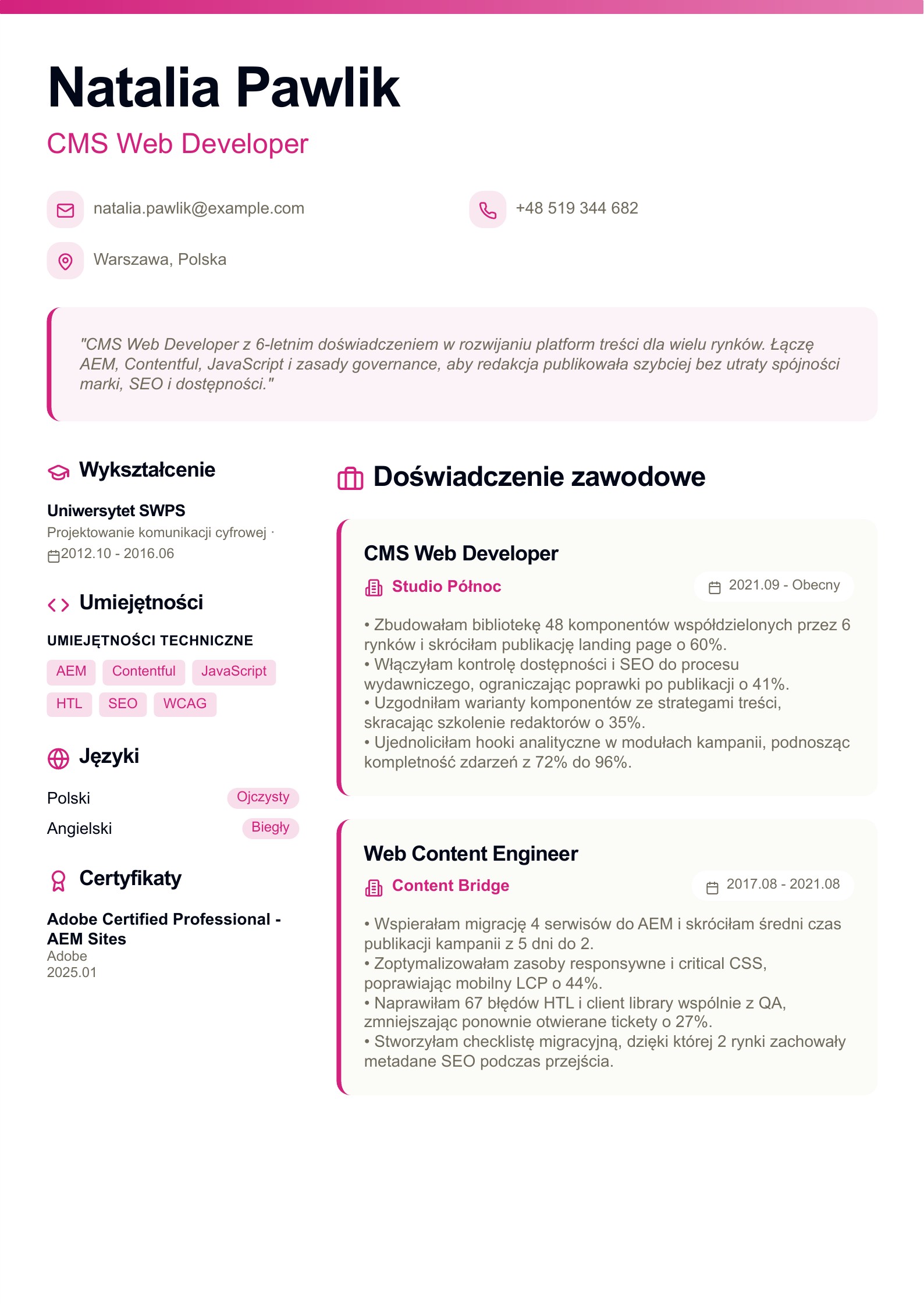 CV CMS Web Developera - polski przykład