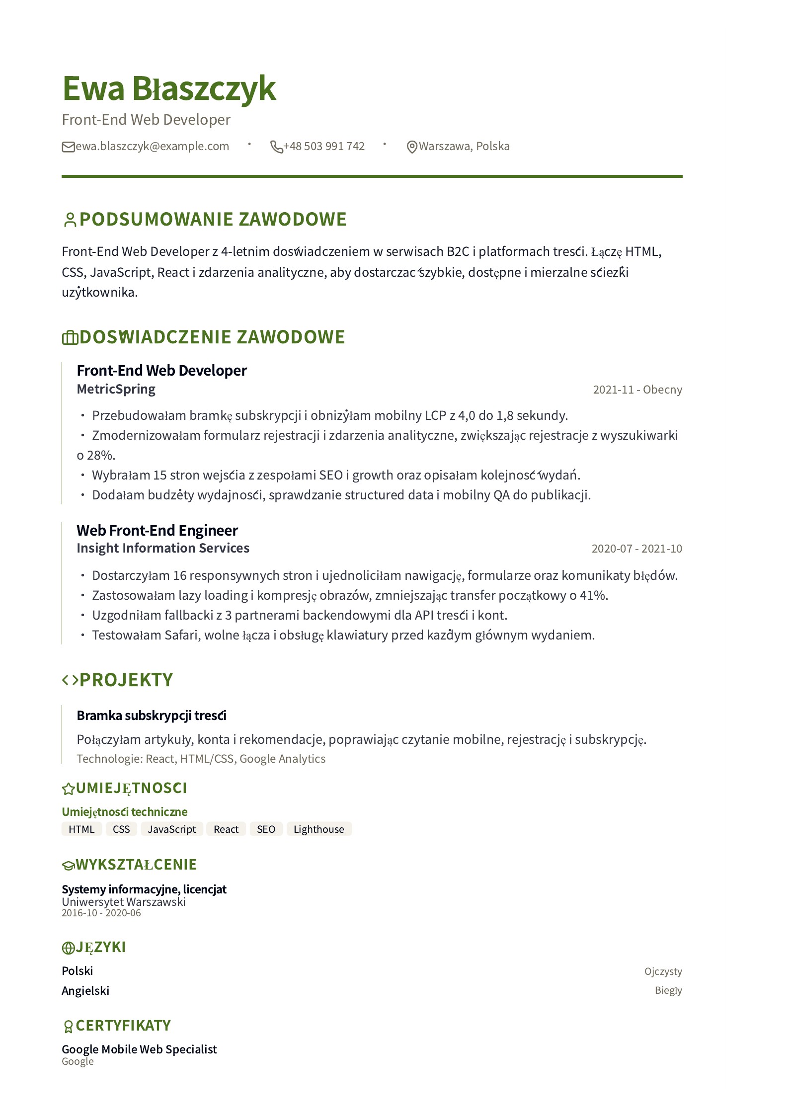 CV Front-End Web Developera - polski przykład