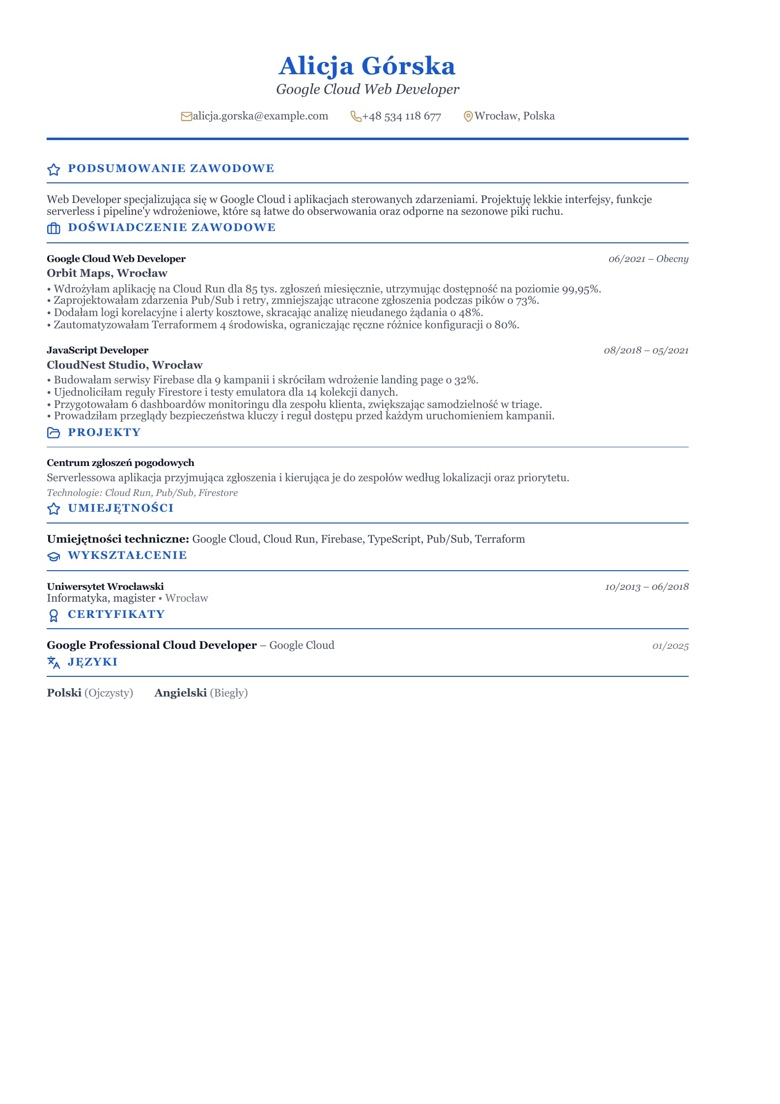 CV Google Web Developera - polski przykład