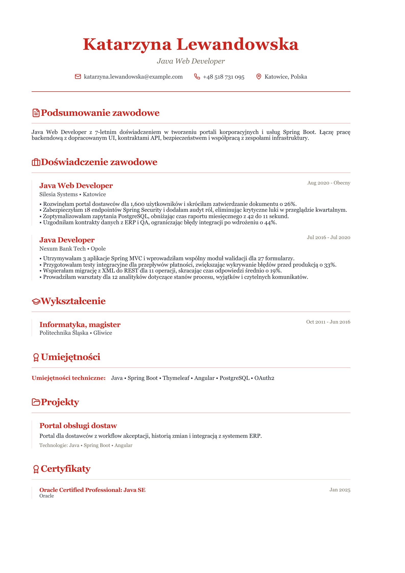 CV Java Web Developera - polski przykład