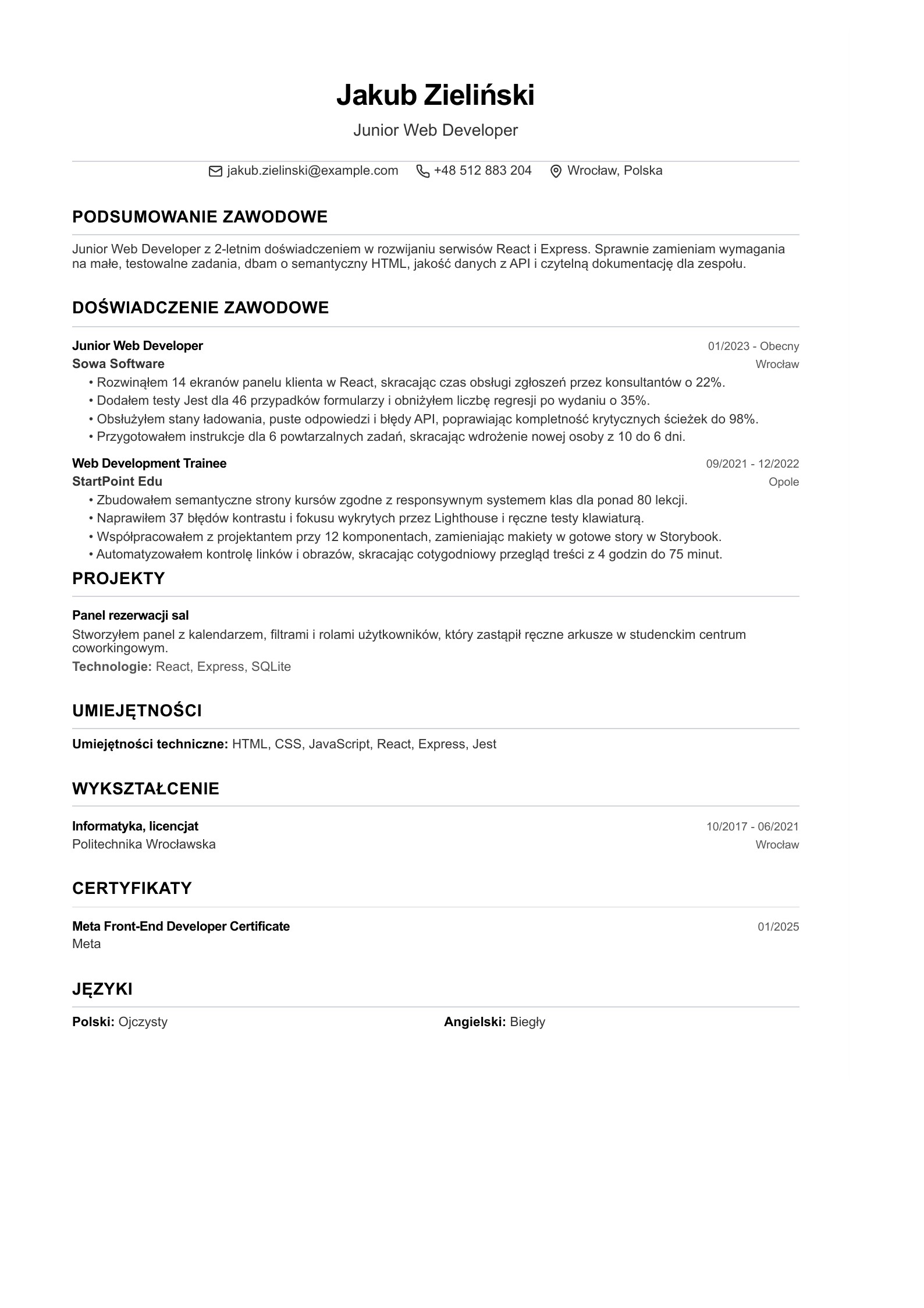 CV Junior Web Developera - polski przykład
