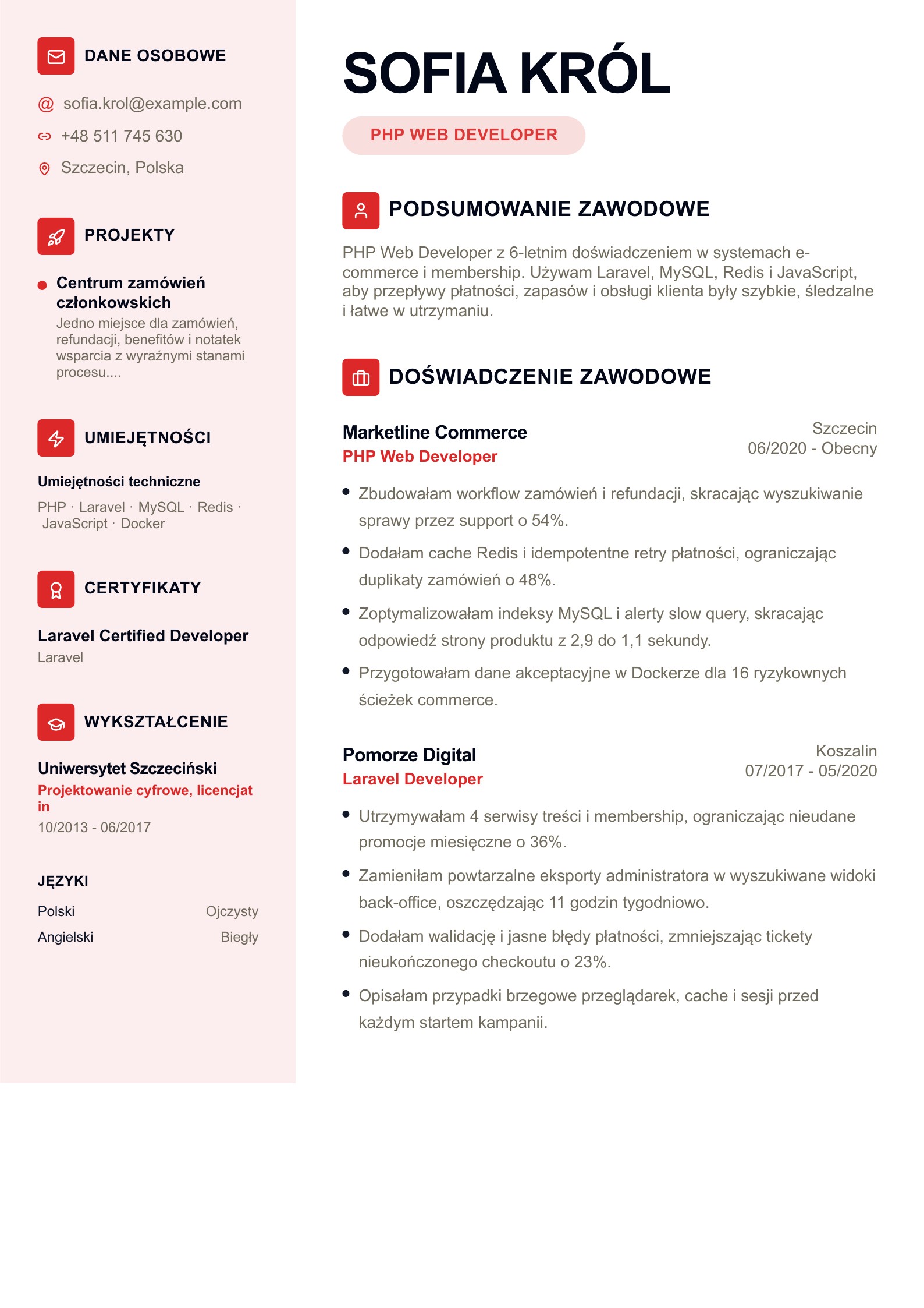 CV PHP Web Developera - polski przykład