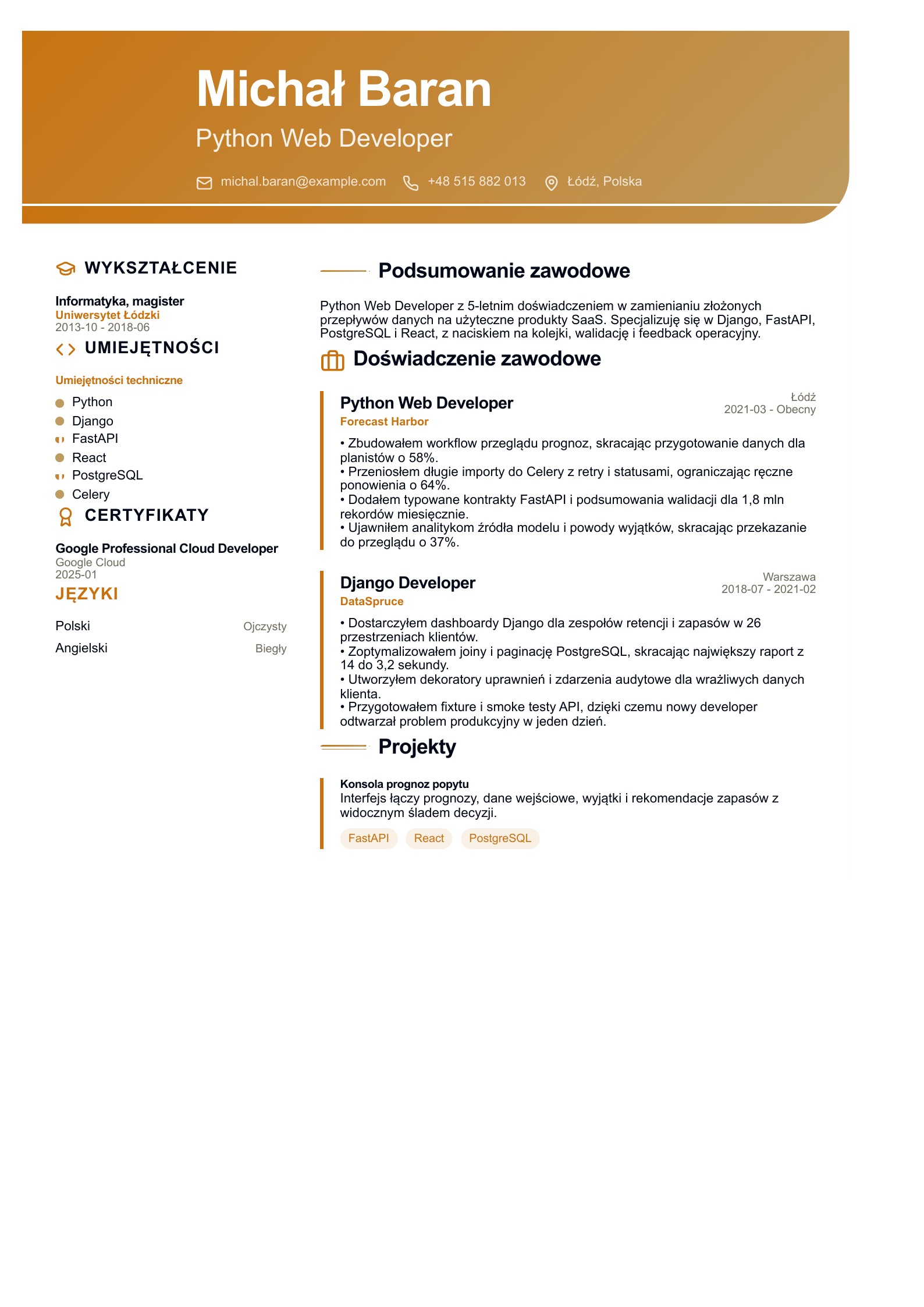 CV Python Web Developera - polski przykład
