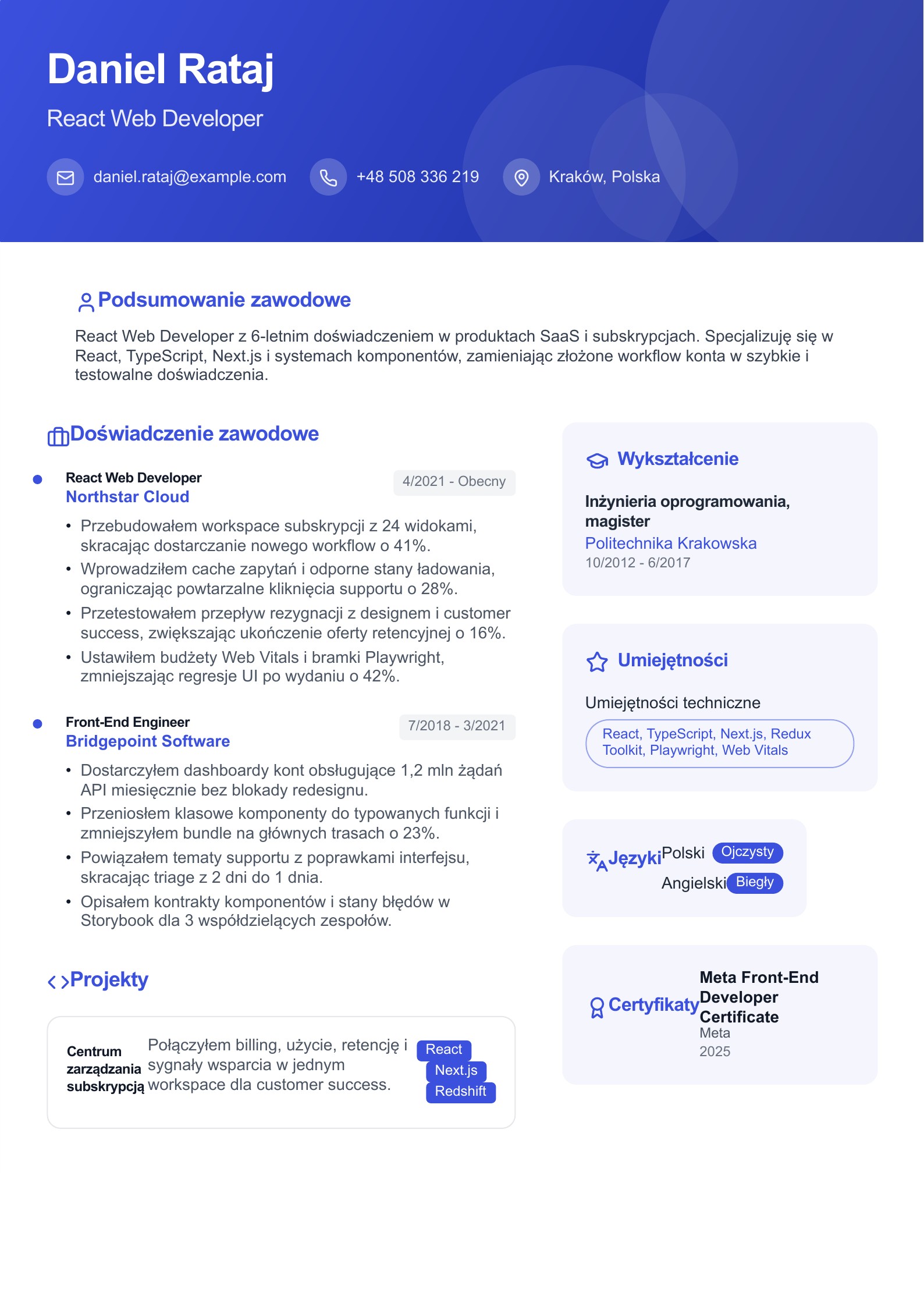 CV React Web Developera - polski przykład
