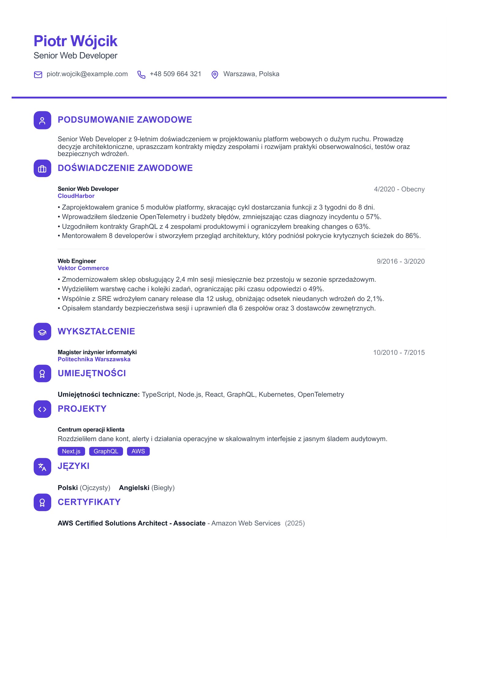 CV Senior Web Developera - polski przykład