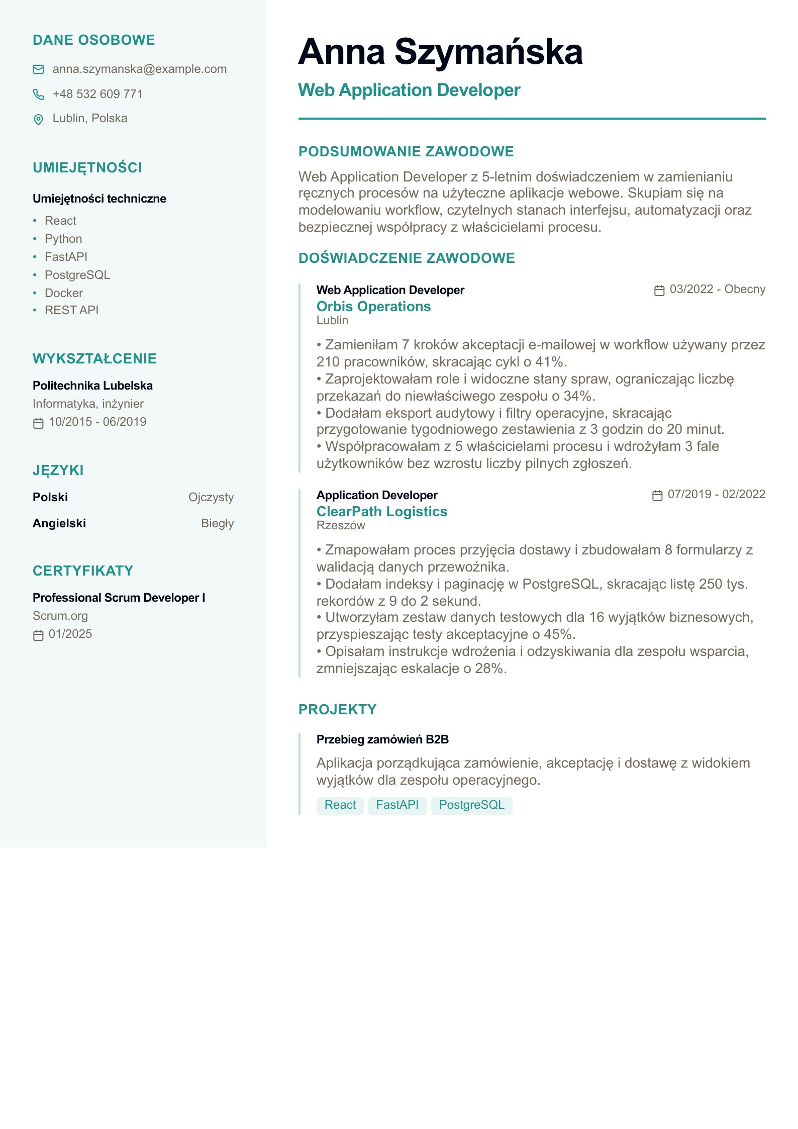 CV Web Application Developera - polski przykład