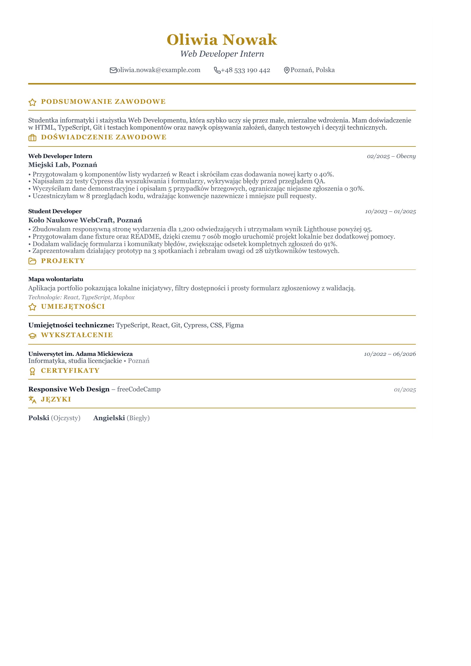 CV Stażysty Web Developera - polski przykład