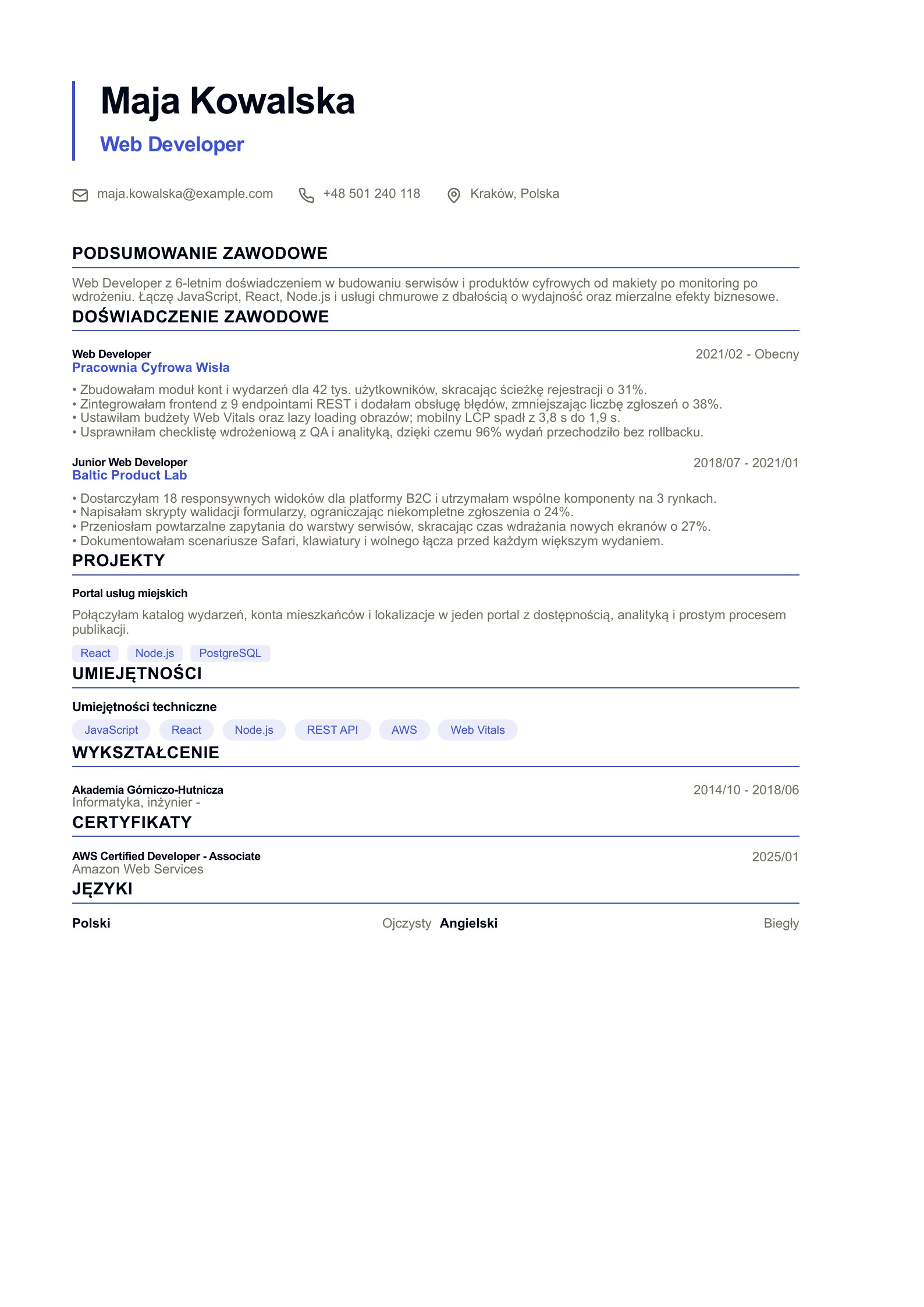 CV Web Developera - polski przykład