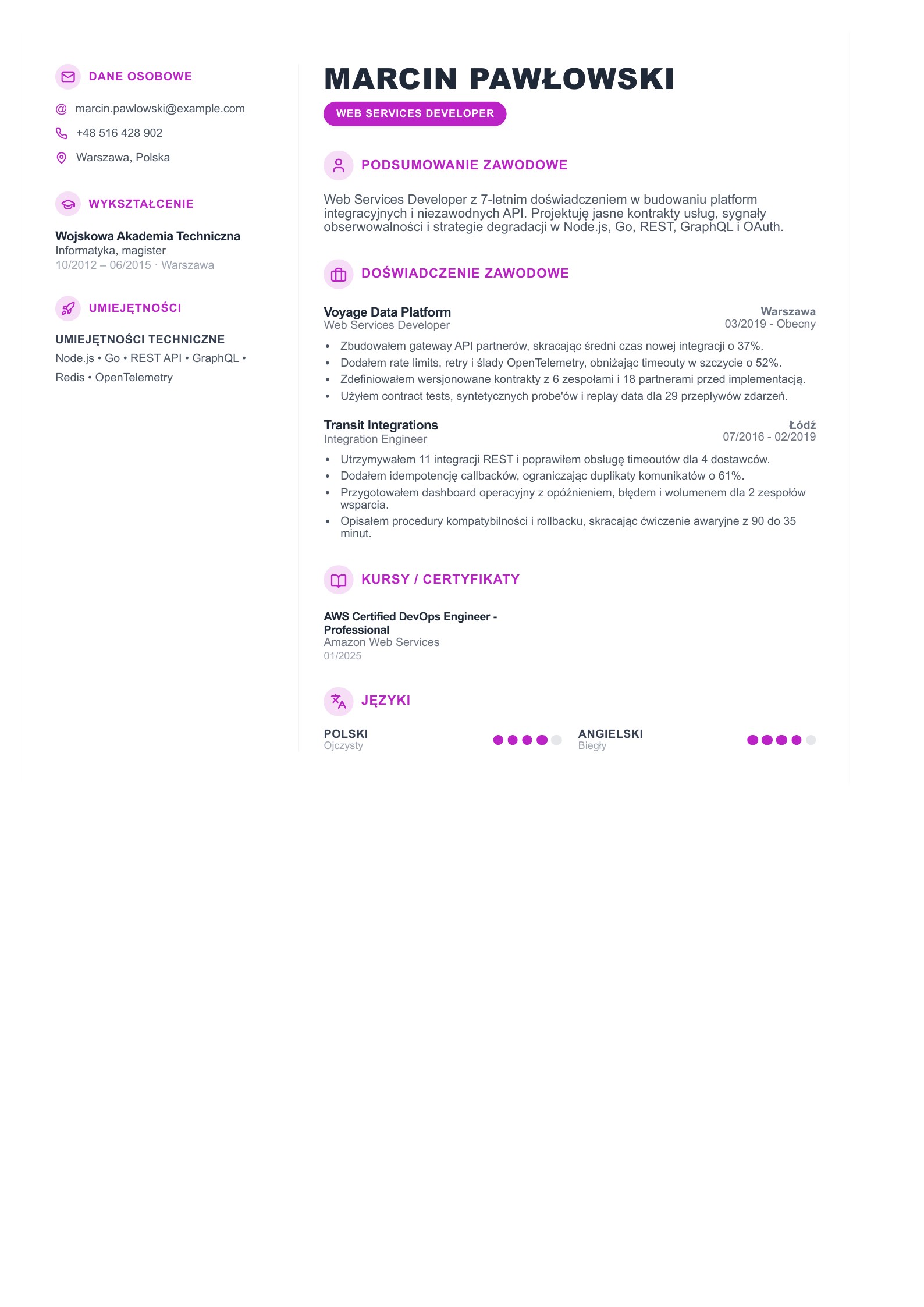 CV Web Services Developera - polski przykład